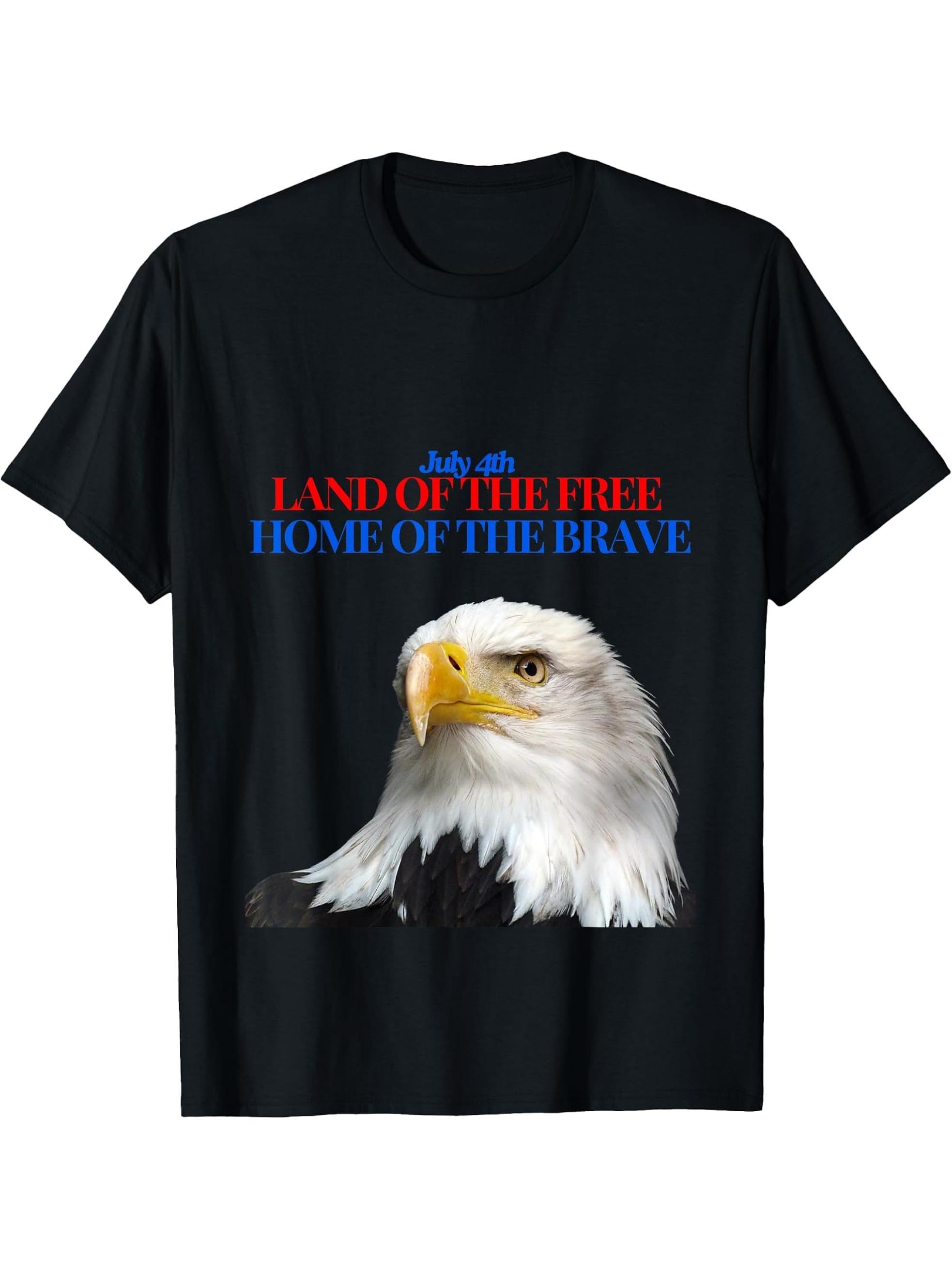 Bald Eagle 4th of July Land of The Free & Home of The Brave T-Shirt 180G 100% Cotton Printed Round Neck Short-Sleeve T-Shirt, Gifts for Men Dad Husband Grandpa, S-XXXL, Black