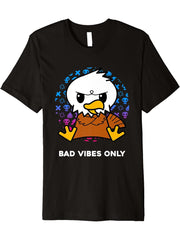 Bad Vibes Only Grumpy Looking Nerd American Bald Eagle Premium T-Shirt 180G 100% Cotton Printed Round Neck Short-Sleeve T-Shirt, Gifts for Men Dad Husband Grandpa, S-XXXL, Black