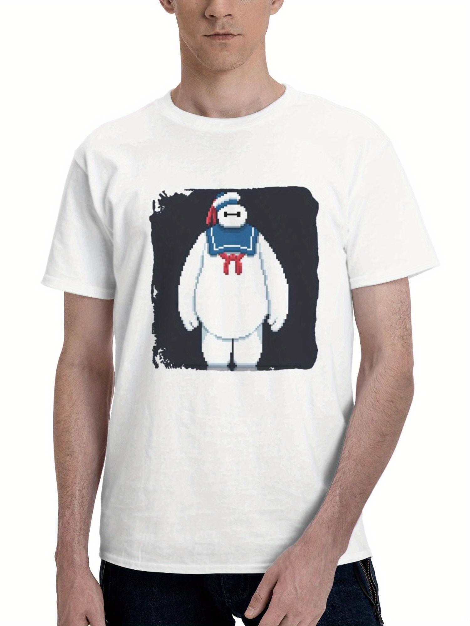 Big Hero 6 Baymax 8 Bit 180G 100% Cotton Printed Round Neck Short-Sleeve T-Shirt, Gifts for Men Dad Husband Grandpa, S-XXXL, White