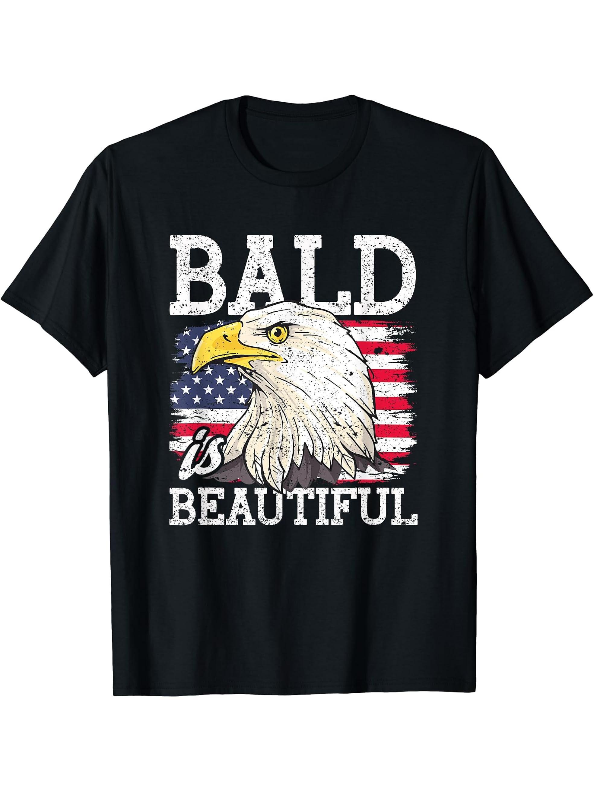 Bald Is Beautiful 4th Of July Independence American US Eagle T-Shirt 180G 100% Cotton Printed Round Neck Short-Sleeve T-Shirt, Gifts for Men Dad Husband Grandpa, S-XXXL, Black