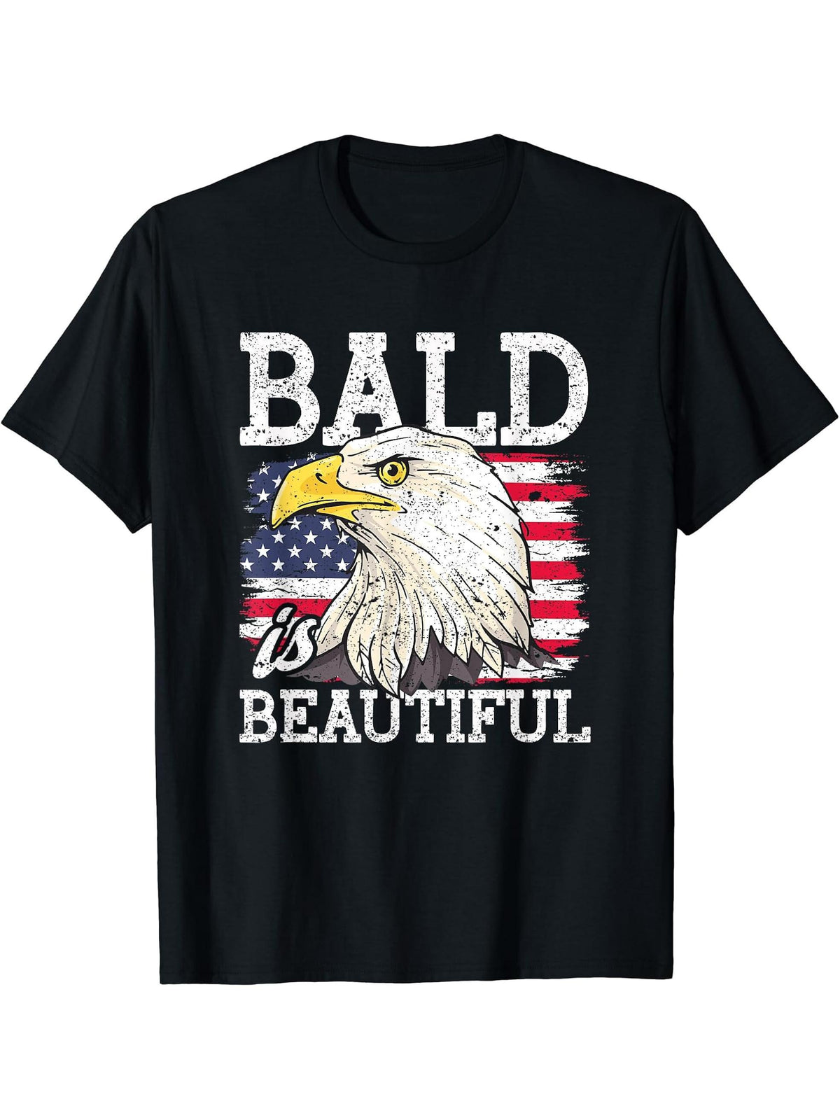 Bald Is Beautiful 4th Of July Independence American US Eagle T-Shirt 180G 100% Cotton Printed Round Neck Short-Sleeve T-Shirt, Gifts for Men Dad Husband Grandpa, S-XXXL, Black