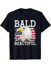 Bald Is Beautiful 4th Of July Independence American US Eagle T-Shirt 180G 100% Cotton Printed Round Neck Short-Sleeve T-Shirt, Gifts for Men Dad Husband Grandpa, S-XXXL, Black
