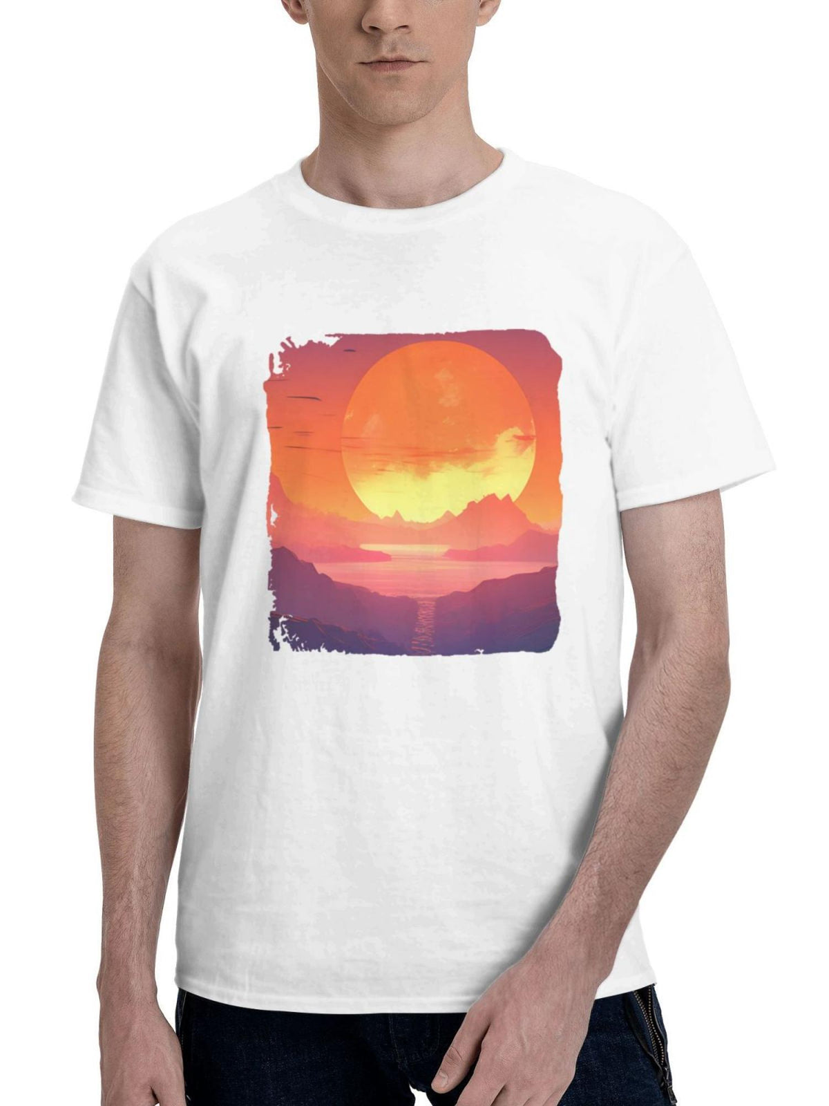 Big Sunset Glow 180G 100% Cotton Printed Round Neck Short-Sleeve T-Shirt, Gifts for Men Dad Husband Grandpa, S-XXXL, White