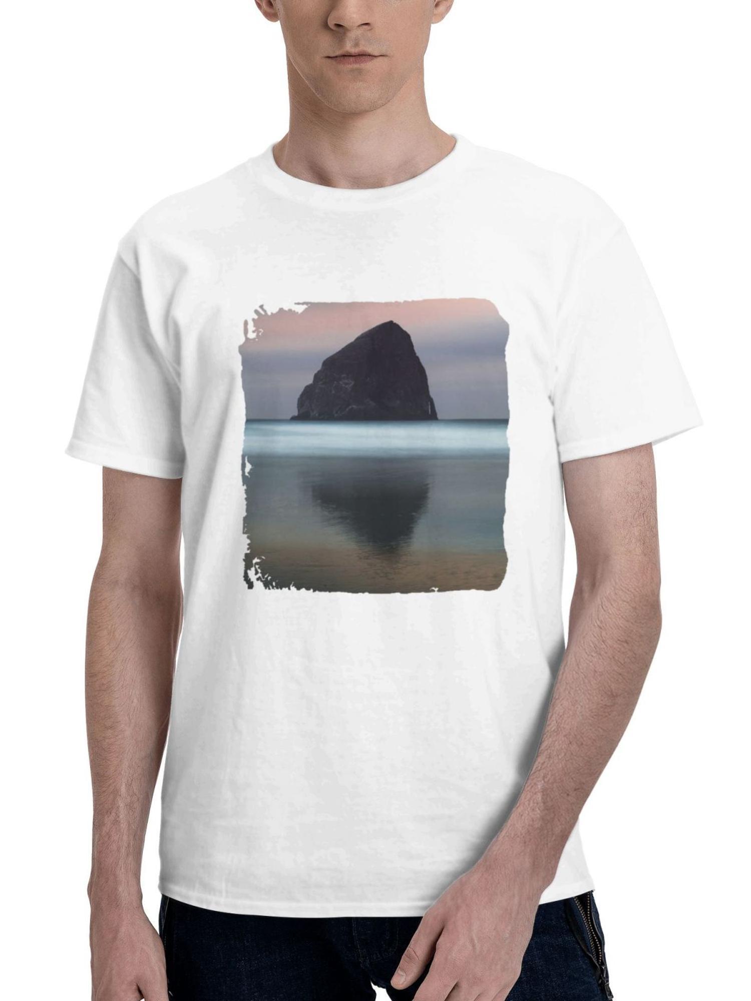 Big Rock Surrounded By The Body Of Water 180G 100% Cotton Printed Round Neck Short-Sleeve T-Shirt, Gifts for Men Dad Husband Grandpa, S-XXXL, White