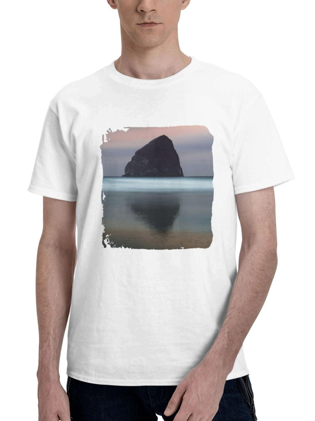 Big Rock Surrounded By The Body Of Water 180G 100% Cotton Printed Round Neck Short-Sleeve T-Shirt, Gifts for Men Dad Husband Grandpa, S-XXXL, White