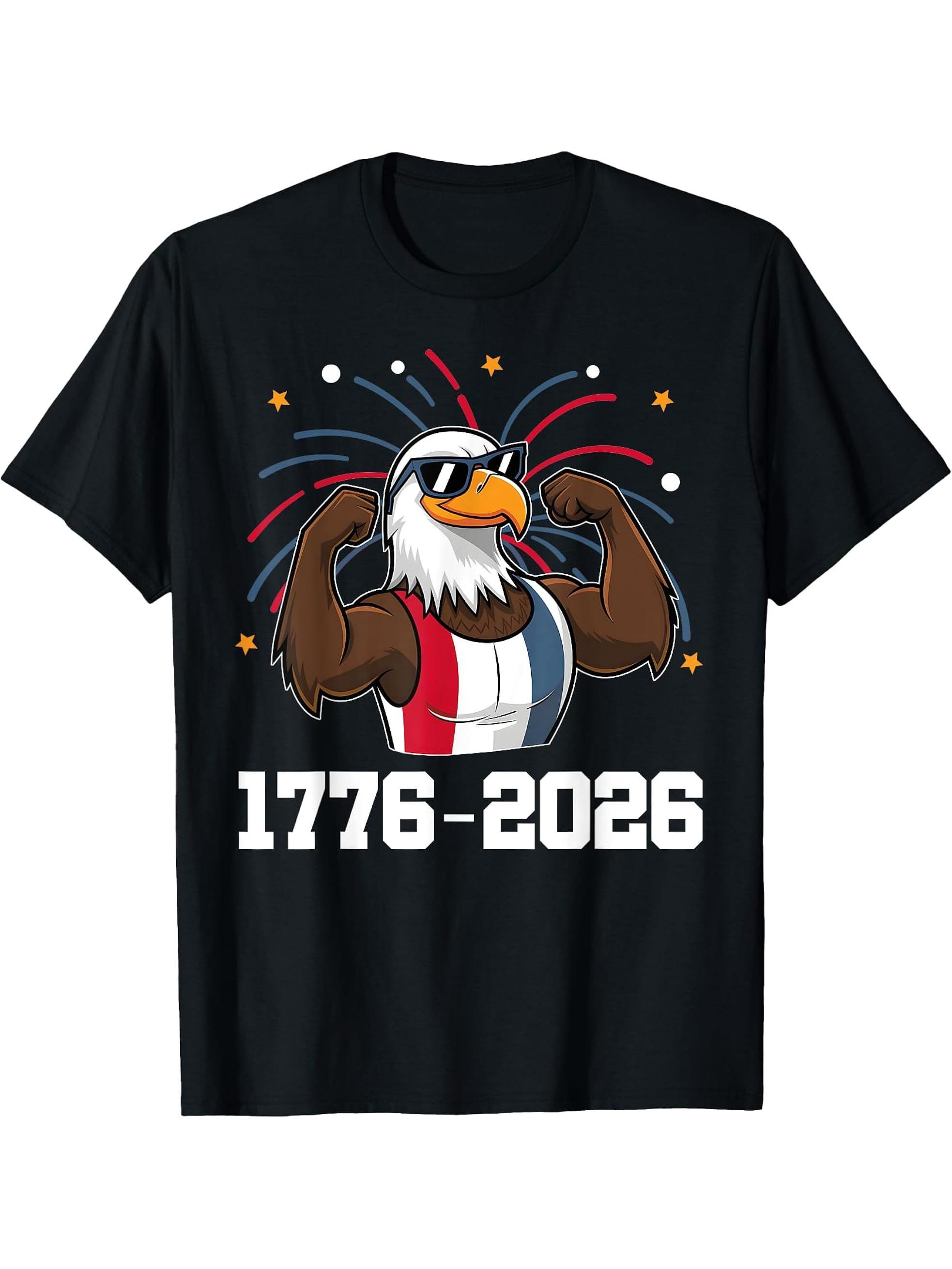 1776-2026 Semiquincentennial Bald Eagle Cool America's 250th T-Shirt 180G 100% Cotton Printed Round Neck Short-Sleeve T-Shirt, Gifts for Men Dad Husband Grandpa, S-XXXL, Black
