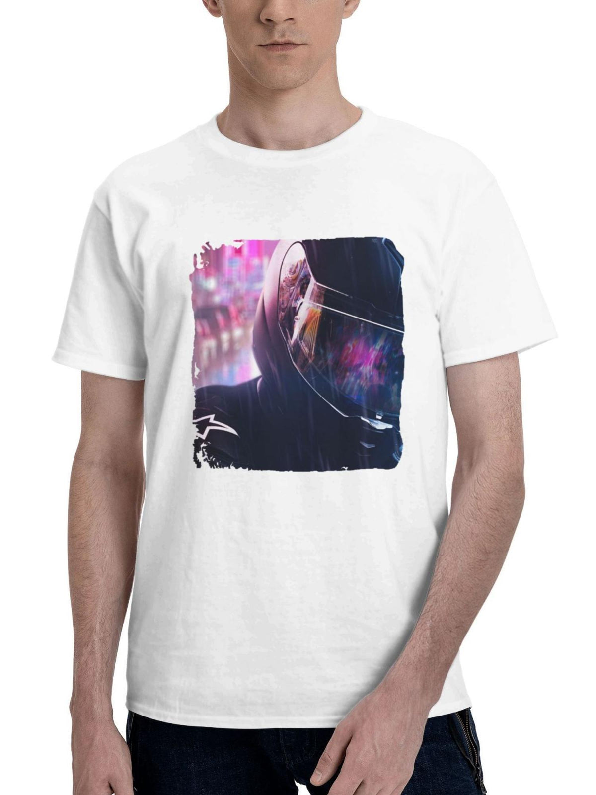 Biker Helmet Reflection 180G 100% Cotton Printed Round Neck Short-Sleeve T-Shirt, Gifts for Men Dad Husband Grandpa, S-XXXL, White