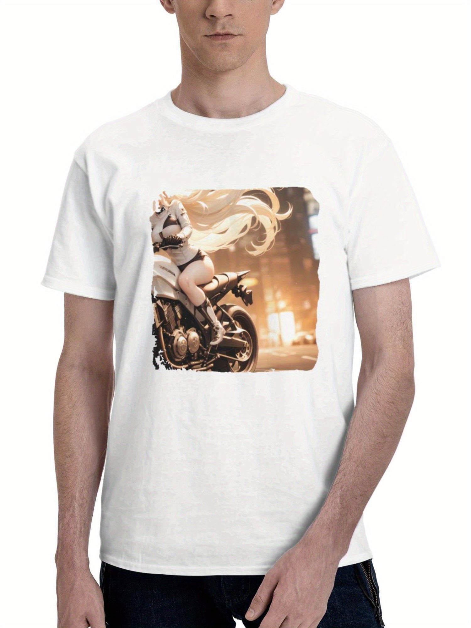 Biker Girl Very Long Hair 180G 100% Cotton Printed Round Neck Short-Sleeve T-Shirt, Gifts for Men Dad Husband Grandpa, S-XXXL, White