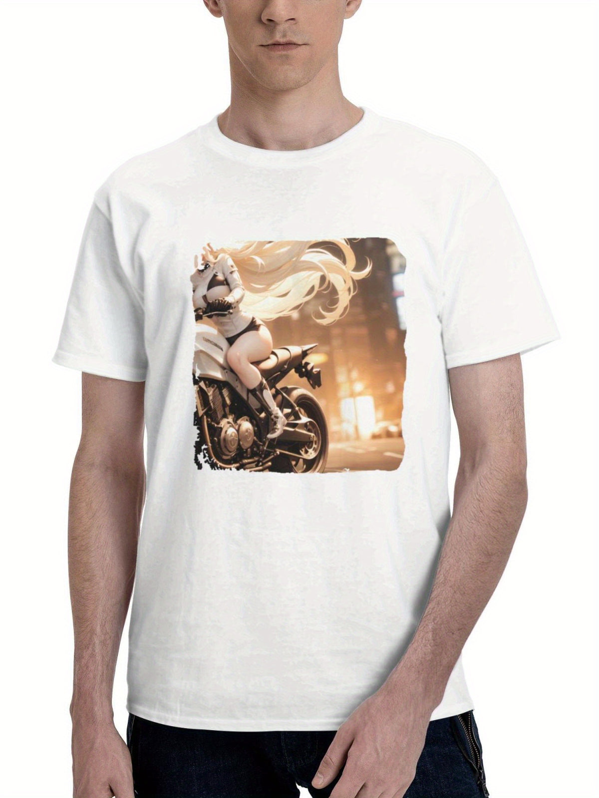 Biker Girl Very Long Hair 180G 100% Cotton Printed Round Neck Short-Sleeve T-Shirt, Gifts for Men Dad Husband Grandpa, S-XXXL, White