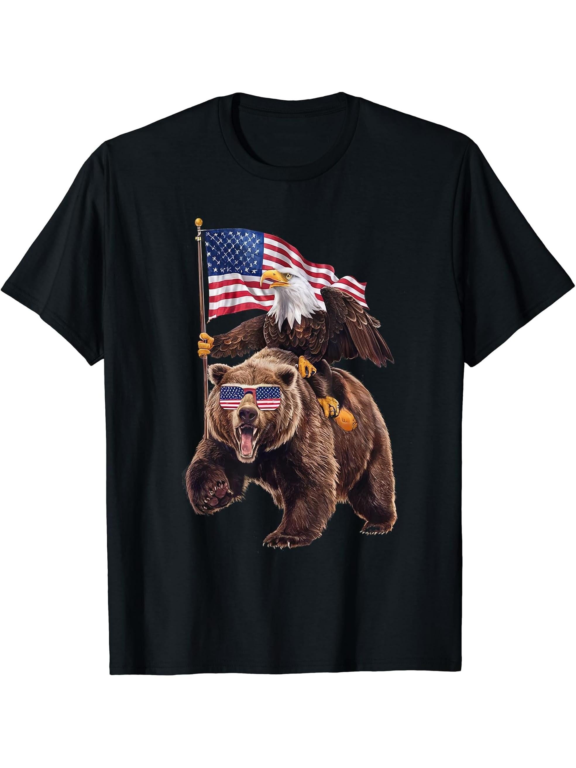 American Bald Eagle Riding Grizzly Bear 4th of July Proud T-Shirt 180G 100% Cotton Printed Round Neck Short-Sleeve T-Shirt, Gifts for Men Dad Husband Grandpa, S-XXXL, Black