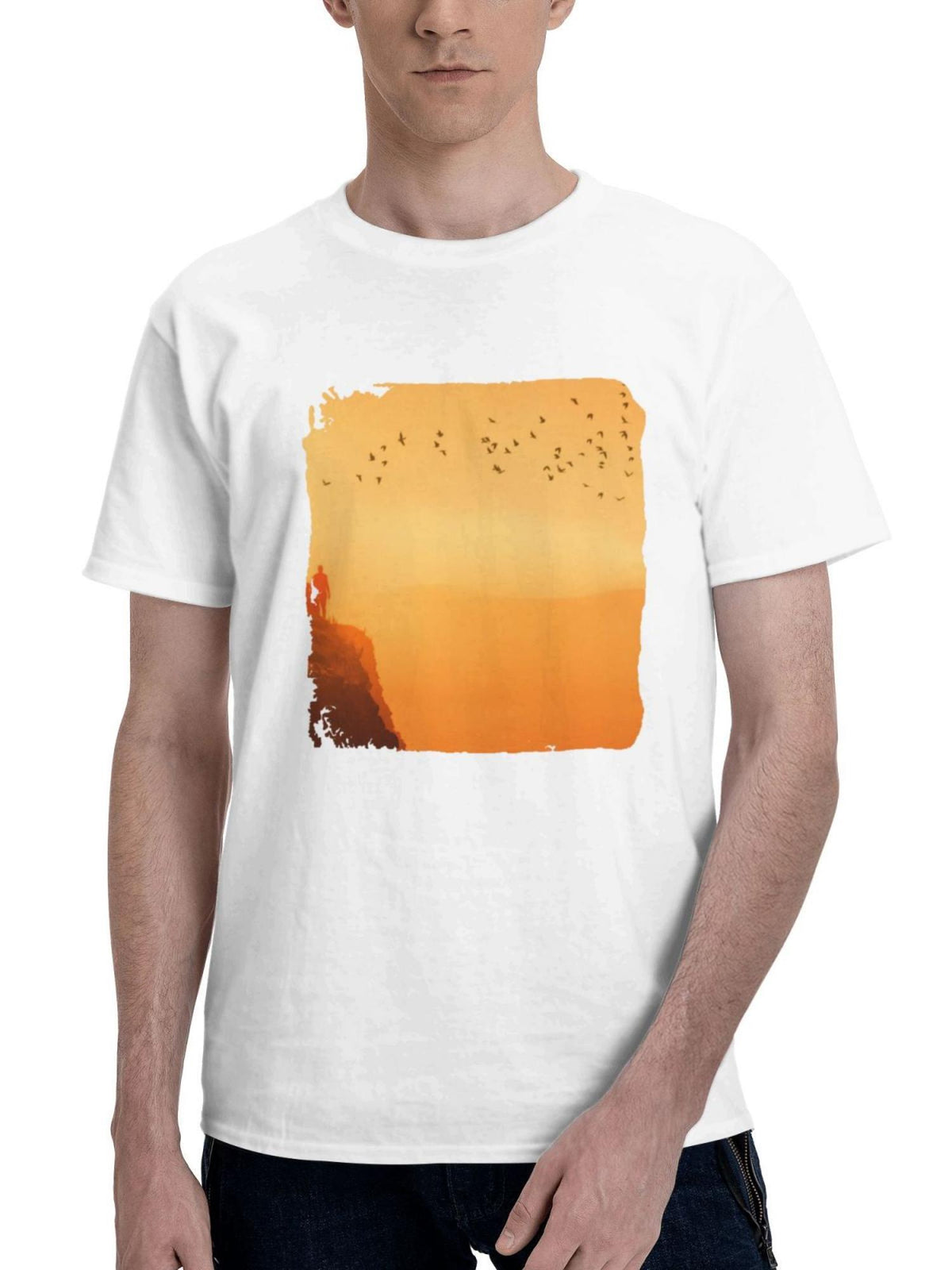 Bird Flock And Us 180G 100% Cotton Printed Round Neck Short-Sleeve T-Shirt, Gifts for Men Dad Husband Grandpa, S-XXXL, White