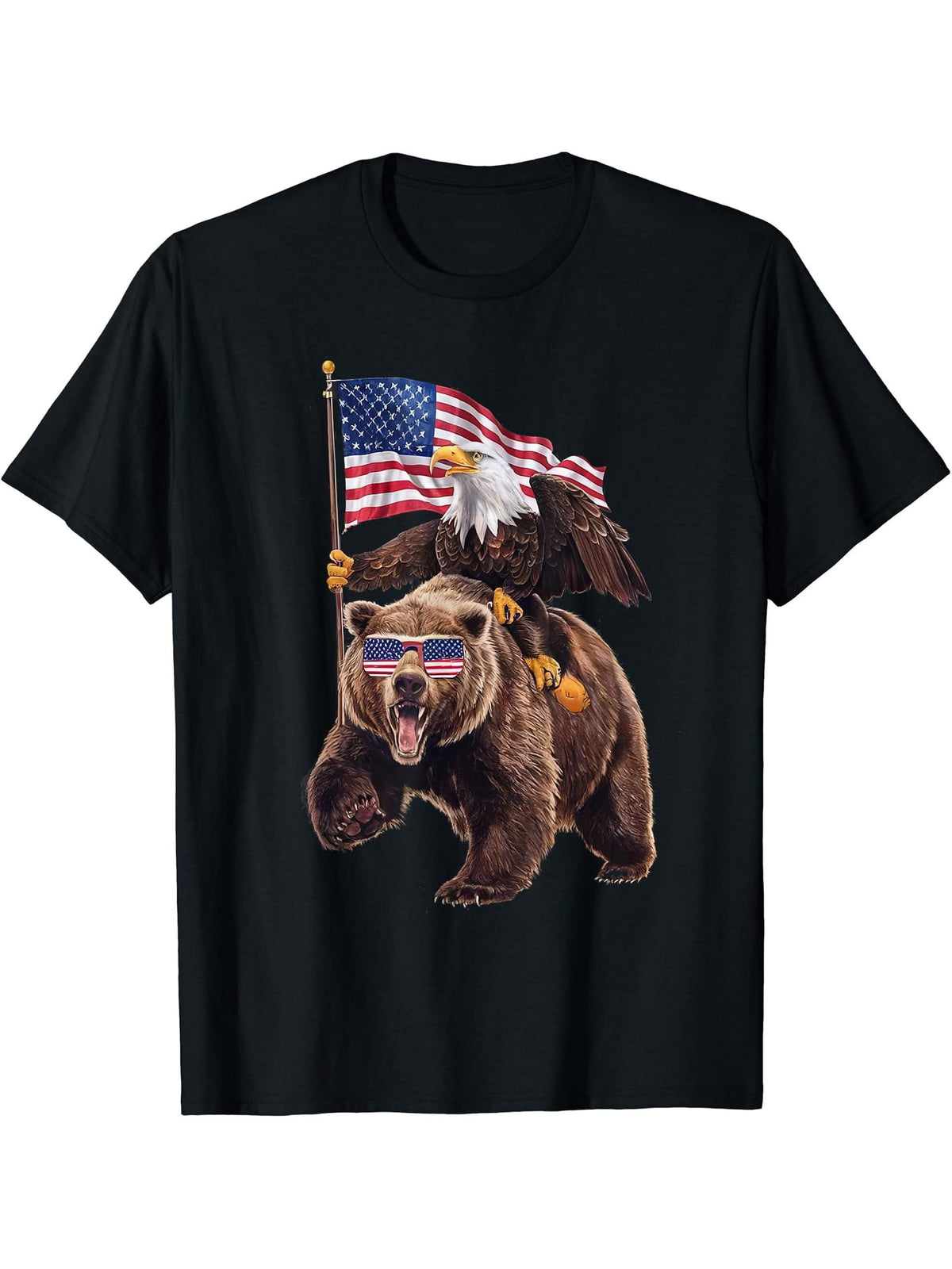 American Bald Eagle Riding Grizzly Bear 4th of July Proud T-Shirt 180G 100% Cotton Printed Round Neck Short-Sleeve T-Shirt, Gifts for Men Dad Husband Grandpa, S-XXXL, Black