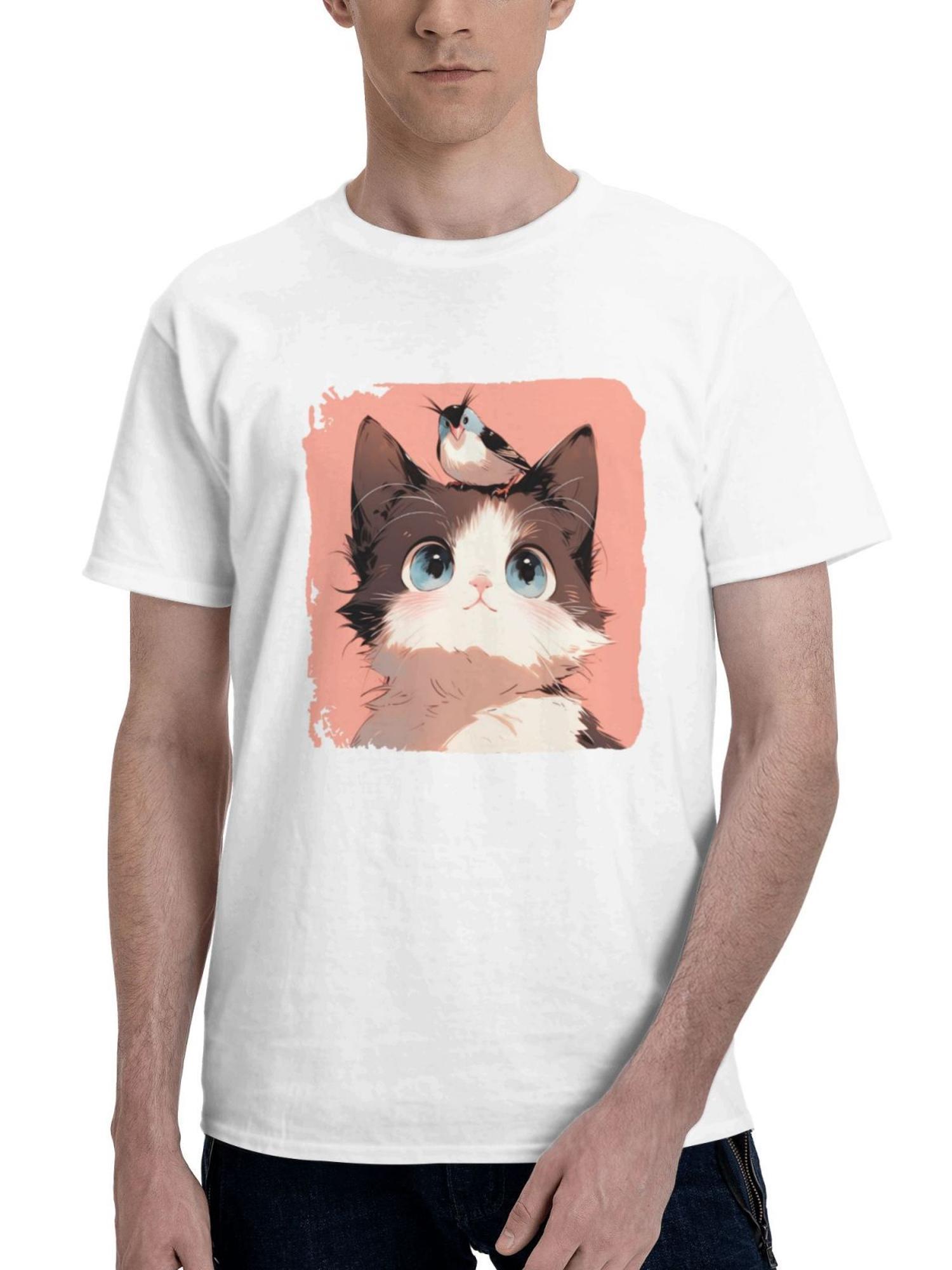 Bird Sitting On Cat Head Minimal Cute 180G 100% Cotton Printed Round Neck Short-Sleeve T-Shirt, Gifts for Men Dad Husband Grandpa, S-XXXL, White