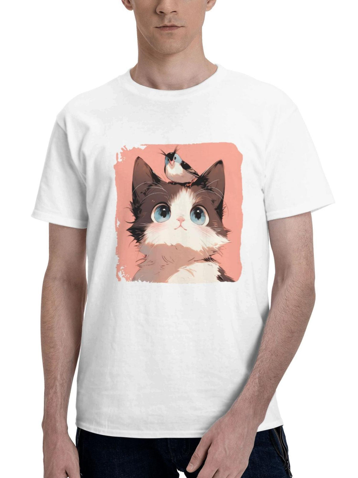 Bird Sitting On Cat Head Minimal Cute 180G 100% Cotton Printed Round Neck Short-Sleeve T-Shirt, Gifts for Men Dad Husband Grandpa, S-XXXL, White