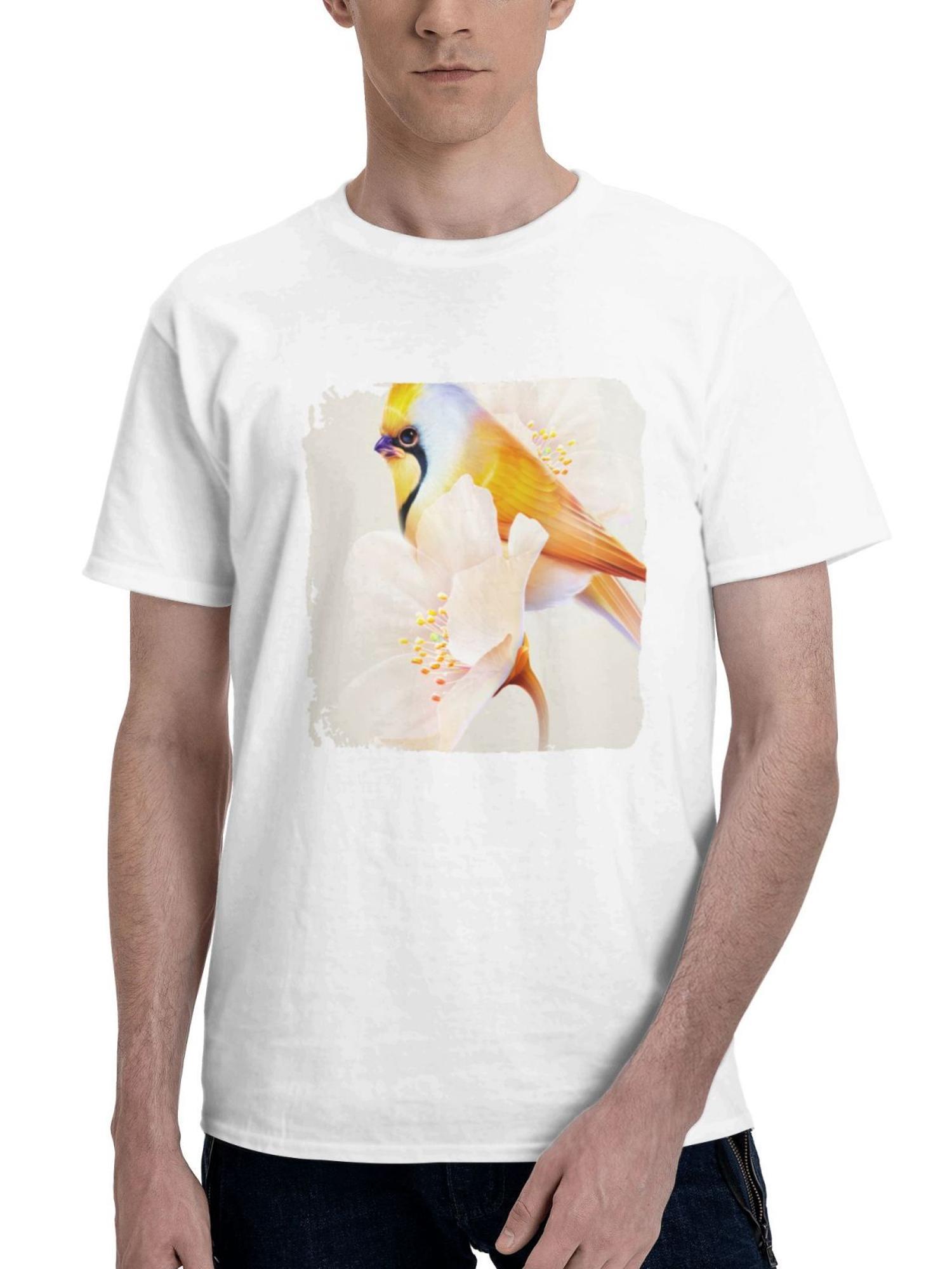 Bird Sitting On Flower Minimal 180G 100% Cotton Printed Round Neck Short-Sleeve T-Shirt, Gifts for Men Dad Husband Grandpa, S-XXXL, White