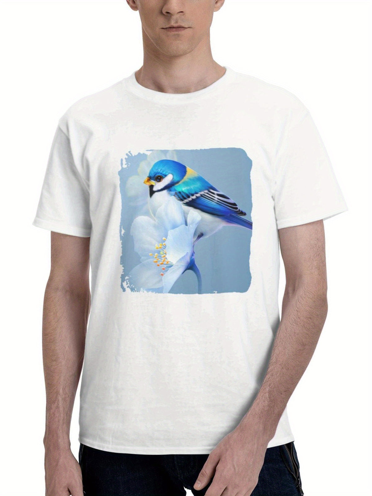 Bird Sitting On Flower 180G 100% Cotton Printed Round Neck Short-Sleeve T-Shirt, Gifts for Men Dad Husband Grandpa, S-XXXL, White