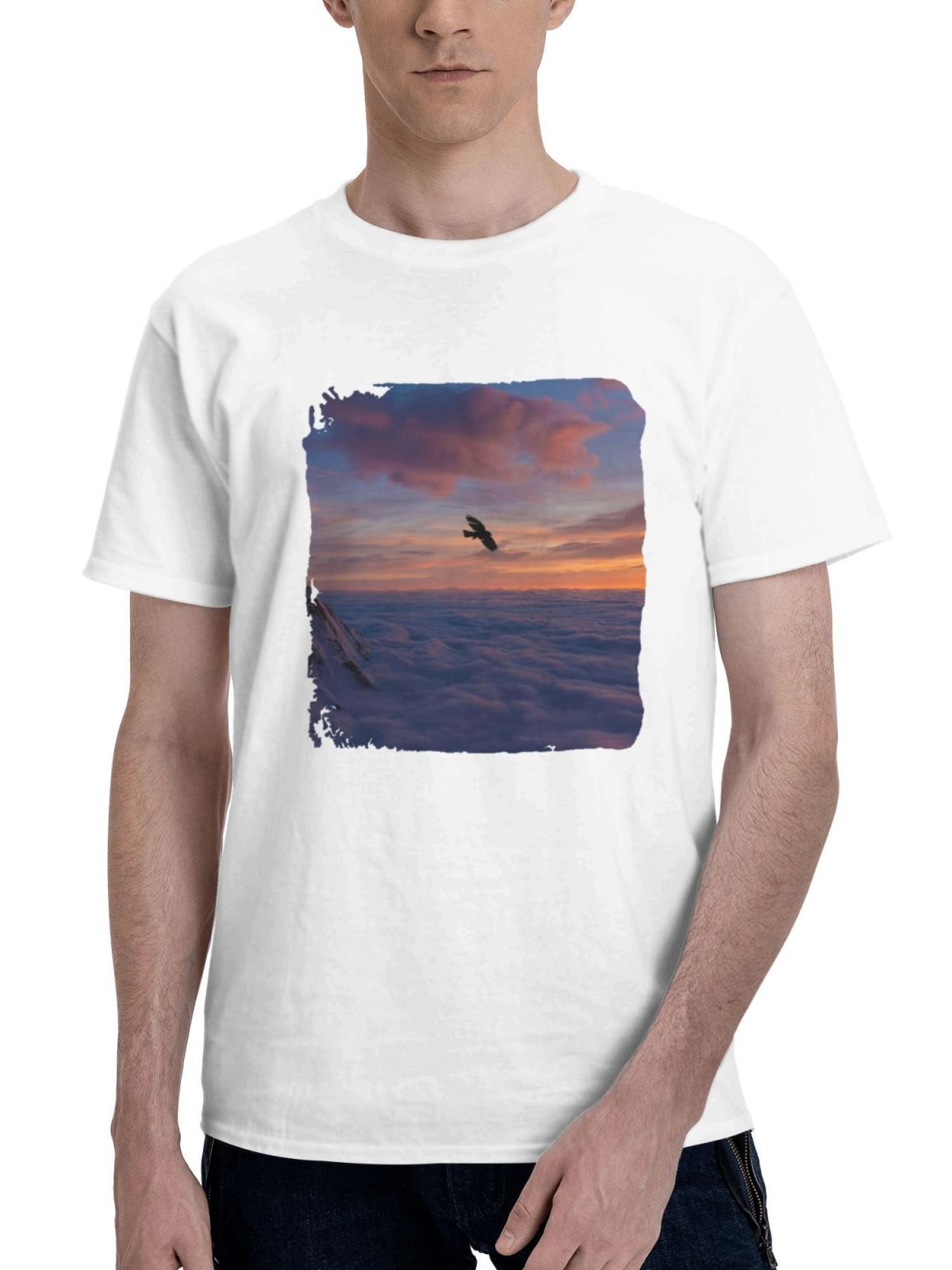 Bird Soaring Above Snowy Heights 180G 100% Cotton Printed Round Neck Short-Sleeve T-Shirt, Gifts for Men Dad Husband Grandpa, S-XXXL, White