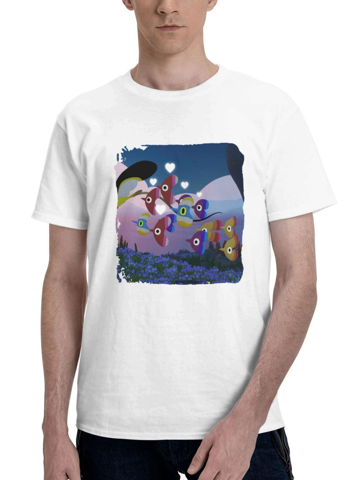 Birds Flock 180G 100% Cotton Printed Round Neck Short-Sleeve T-Shirt, Gifts for Men Dad Husband Grandpa, S-XXXL, White