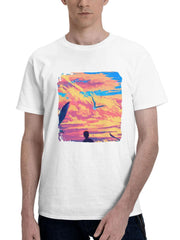 Birds In Cloudy Skies 180G 100% Cotton Printed Round Neck Short-Sleeve T-Shirt, Gifts for Men Dad Husband Grandpa, S-XXXL, White