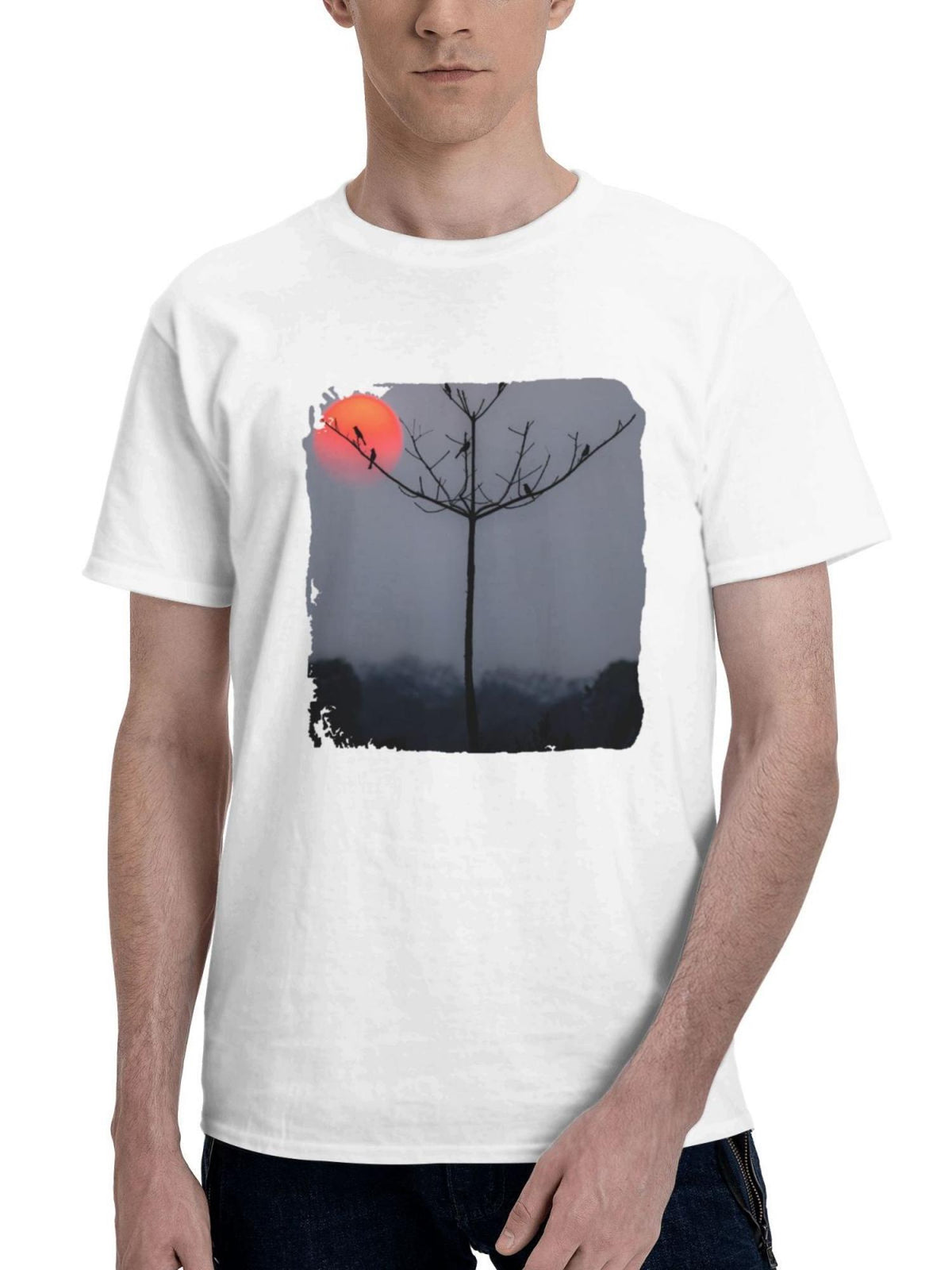Birds Perched On Silhouette Branches 180G 100% Cotton Printed Round Neck Short-Sleeve T-Shirt, Gifts for Men Dad Husband Grandpa, S-XXXL, White