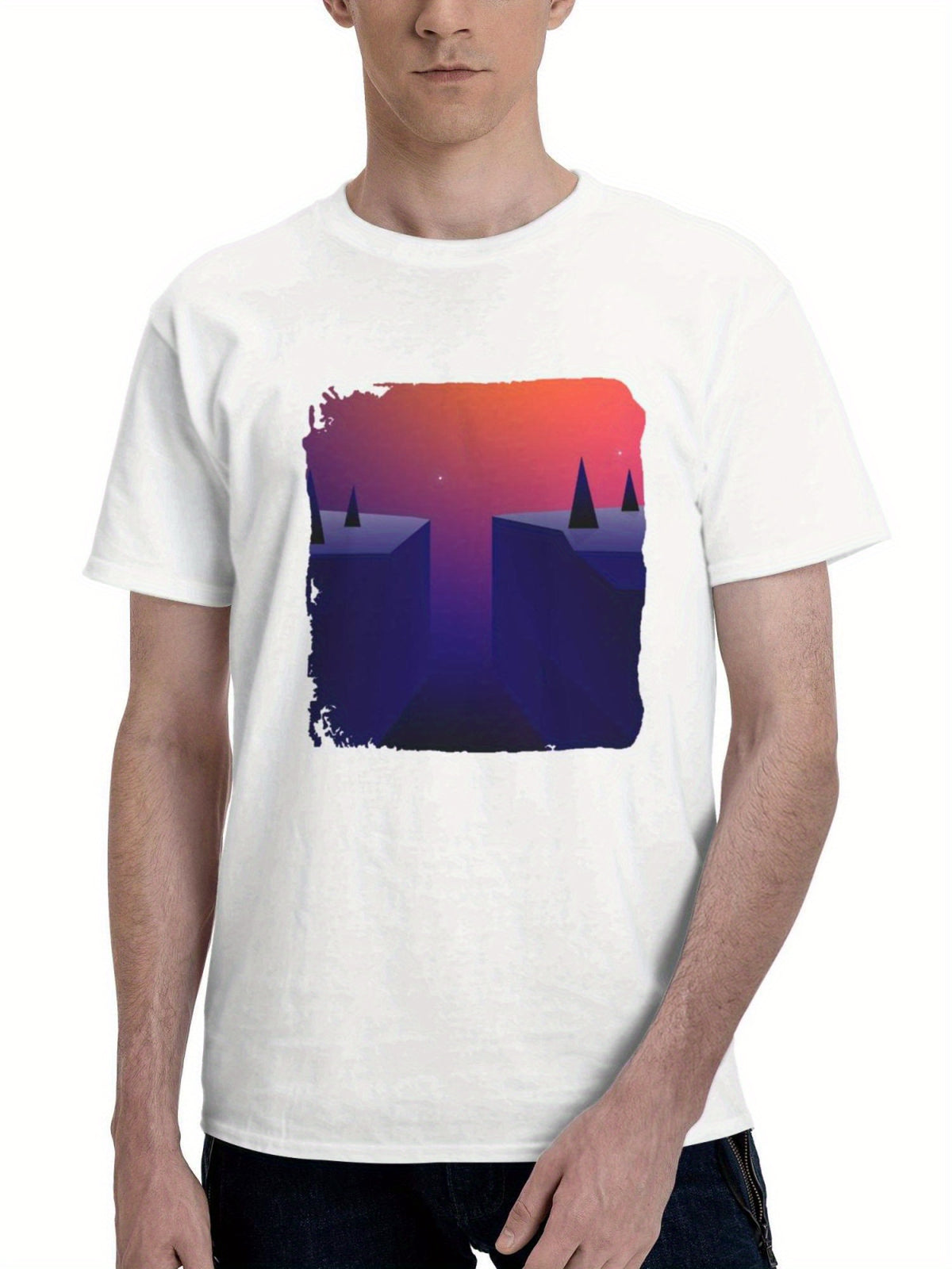 Abyss Between Mountains 180G 100% Cotton Printed Round Neck Short-Sleeve T-Shirt, Gifts for Men Dad Husband Grandpa, S-XXXL, White