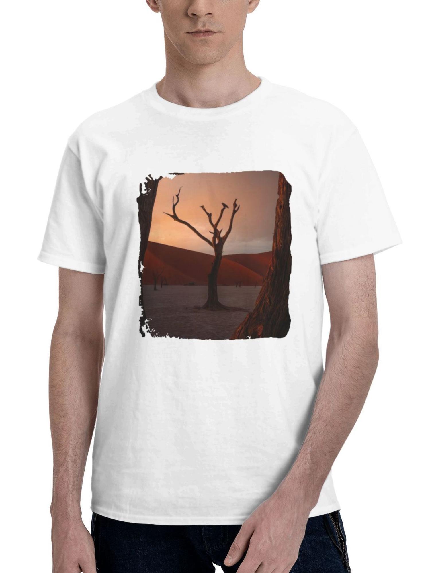 Acacia Trees Sand Dunes 180G 100% Cotton Printed Round Neck Short-Sleeve T-Shirt, Gifts for Men Dad Husband Grandpa, S-XXXL, White