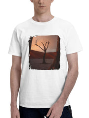 Acacia Trees Sand Dunes 180G 100% Cotton Printed Round Neck Short-Sleeve T-Shirt, Gifts for Men Dad Husband Grandpa, S-XXXL, White
