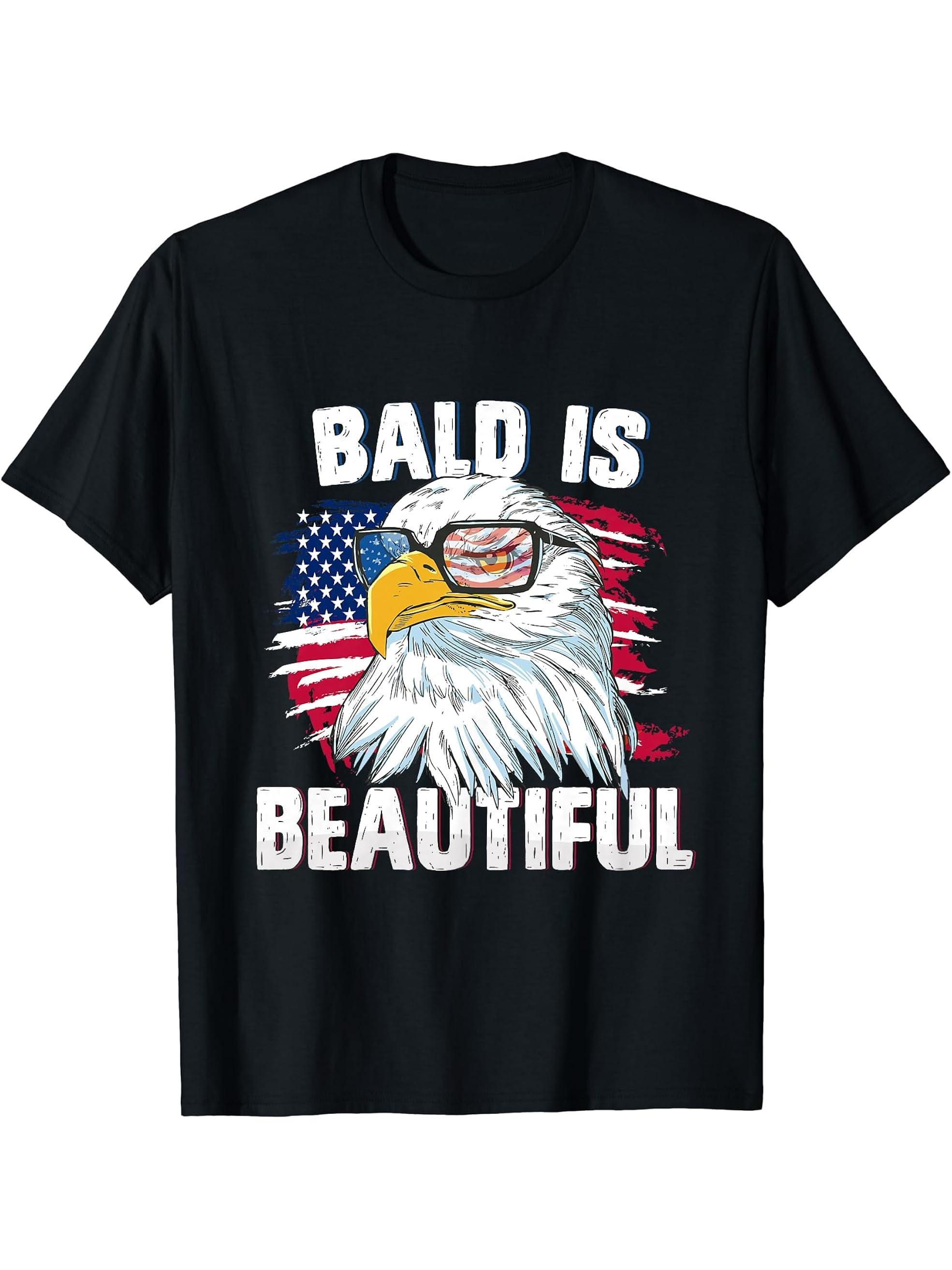 Bald Is Beautiful USA 4th of July & American Flag Bald Eagle T-Shirt 180G 100% Cotton Printed Round Neck Short-Sleeve T-Shirt, Gifts for Men Dad Husband Grandpa, S-XXXL, Black