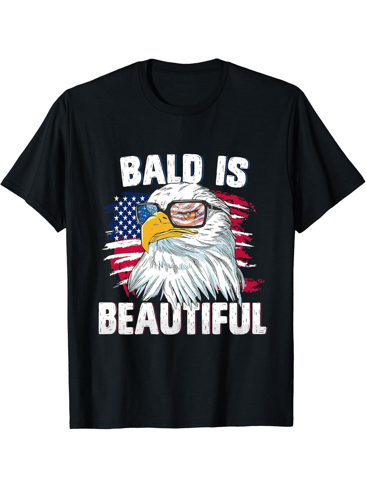 Bald Is Beautiful USA 4th of July & American Flag Bald Eagle T-Shirt 180G 100% Cotton Printed Round Neck Short-Sleeve T-Shirt, Gifts for Men Dad Husband Grandpa, S-XXXL, Black