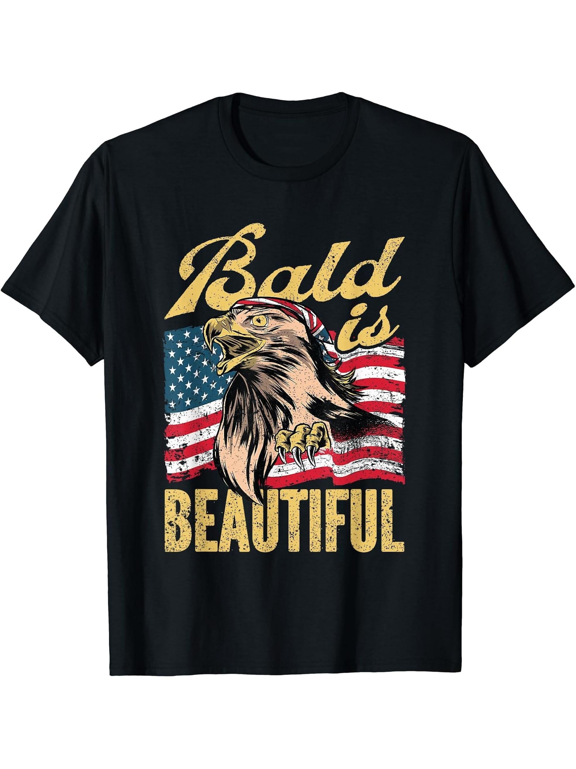 Bald Is Beautiful 4th Of July Independence American US Eagle T-Shirt 180G 100% Cotton Printed Round Neck Short-Sleeve T-Shirt, Gifts for Men Dad Husband Grandpa, S-XXXL, Black
