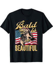 Bald Is Beautiful 4th Of July Independence American US Eagle T-Shirt 180G 100% Cotton Printed Round Neck Short-Sleeve T-Shirt, Gifts for Men Dad Husband Grandpa, S-XXXL, Black