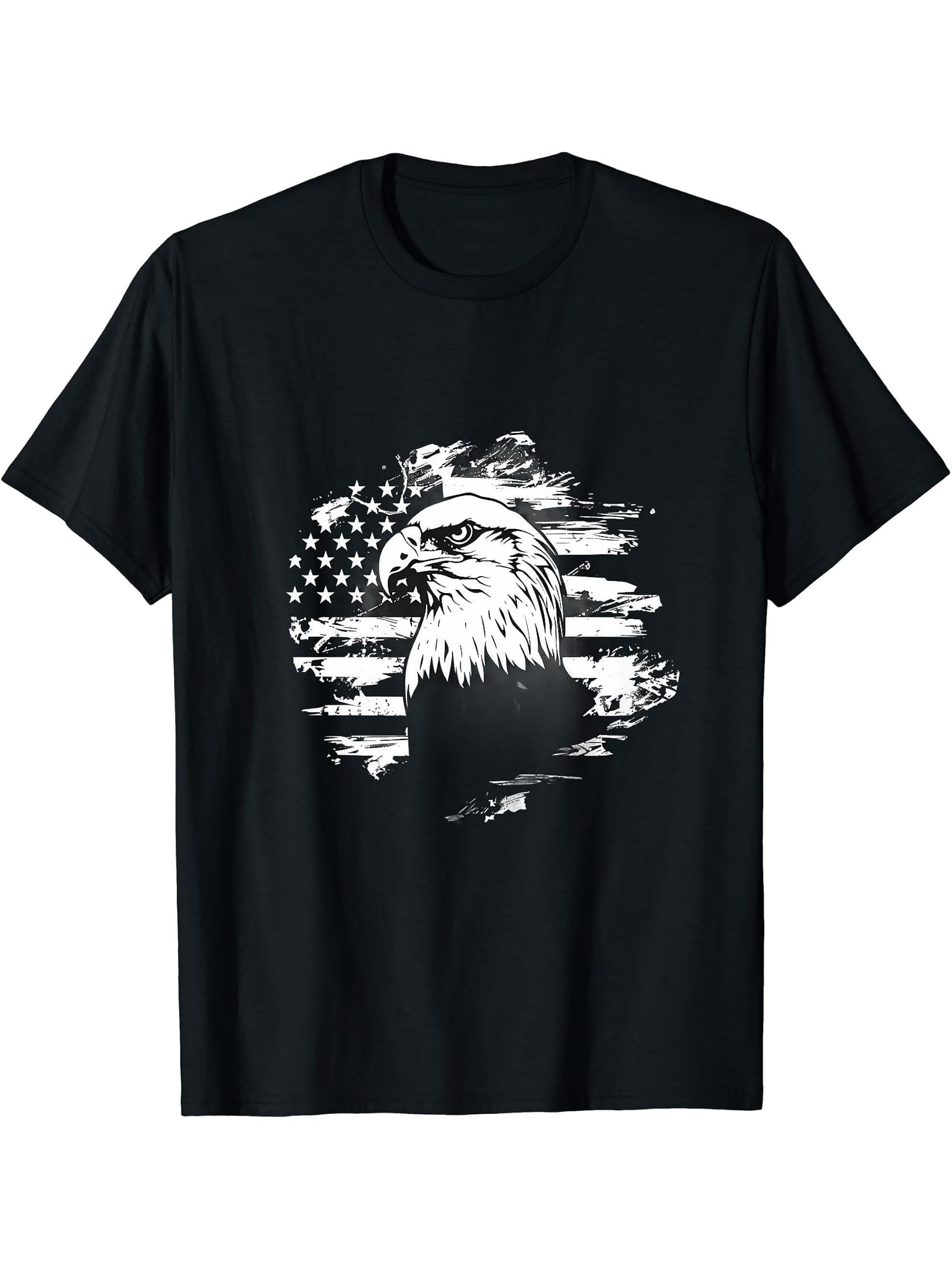 Fourth Of July Vintage Bald Eagle 4th Of July American Flag T-Shirt 180G 100% Cotton Printed Round Neck Short-Sleeve T-Shirt, Gifts for Men Dad Husband Grandpa, S-XXXL, Black