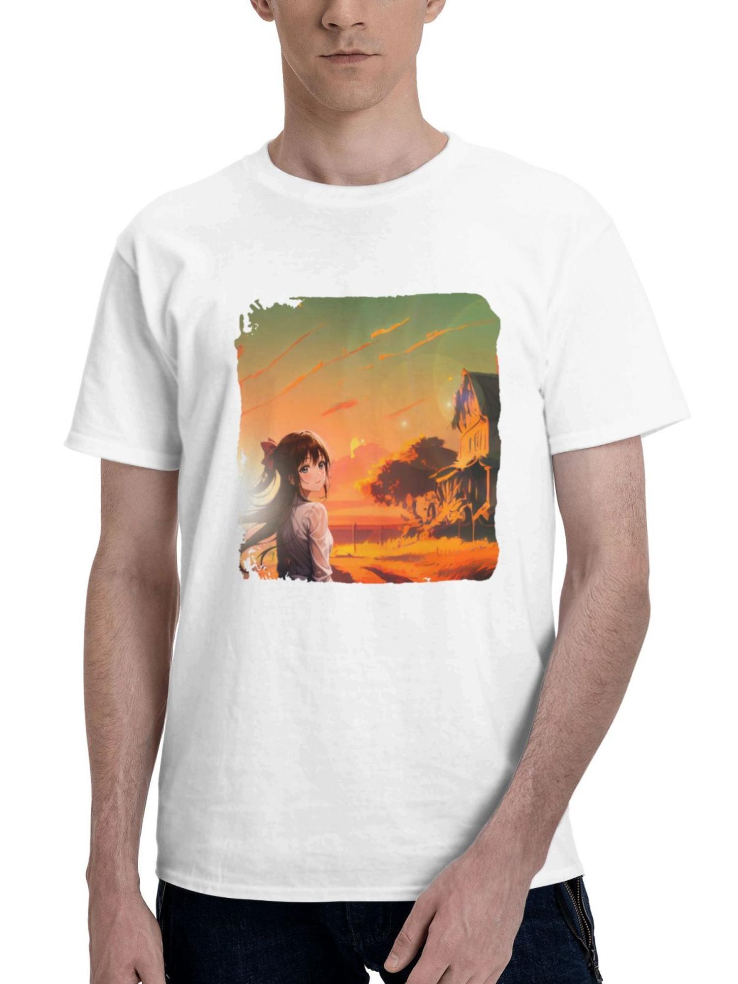 Adorable Anime Girl 180G 100% Cotton Printed Round Neck Short-Sleeve T-Shirt, Gifts for Men Dad Husband Grandpa, S-XXXL, White