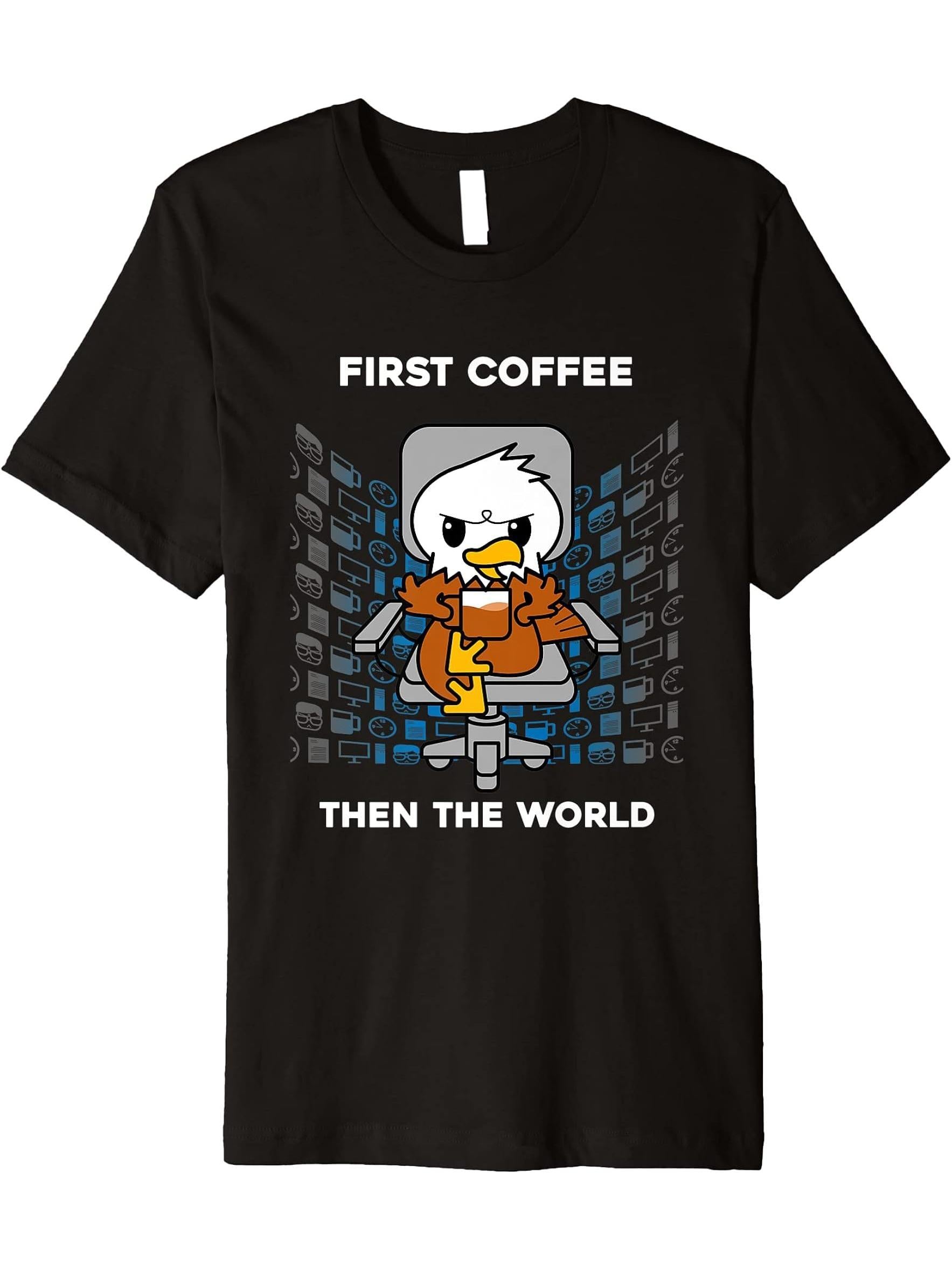 First Coffee Then The World Caffeine American Bald Eagle Premium T-Shirt 180G 100% Cotton Printed Round Neck Short-Sleeve T-Shirt, Gifts for Men Dad Husband Grandpa, S-XXXL, Black