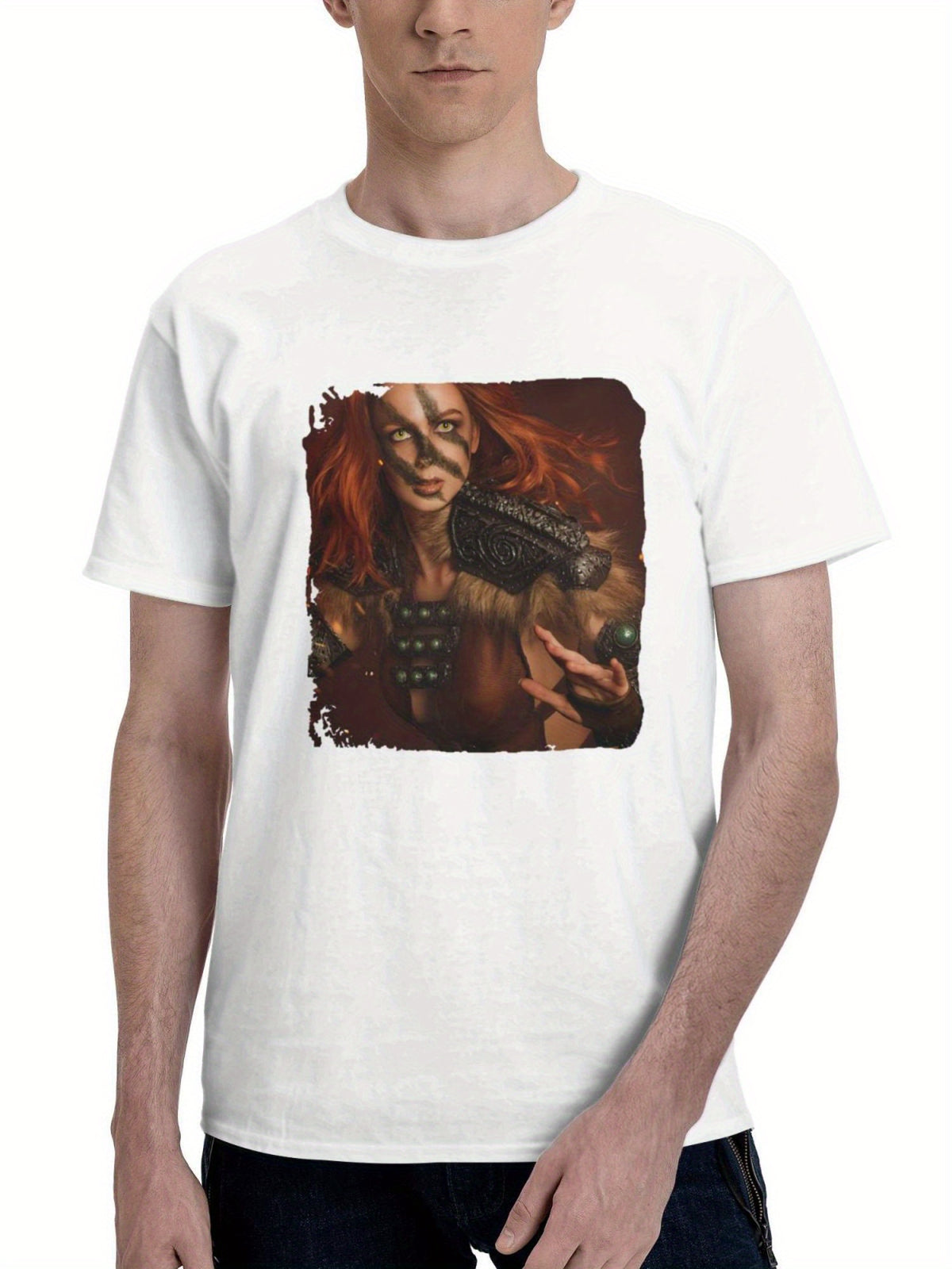Aela Skyrim Cosplay 180G 100% Cotton Printed Round Neck Short-Sleeve T-Shirt, Gifts for Men Dad Husband Grandpa, S-XXXL, White