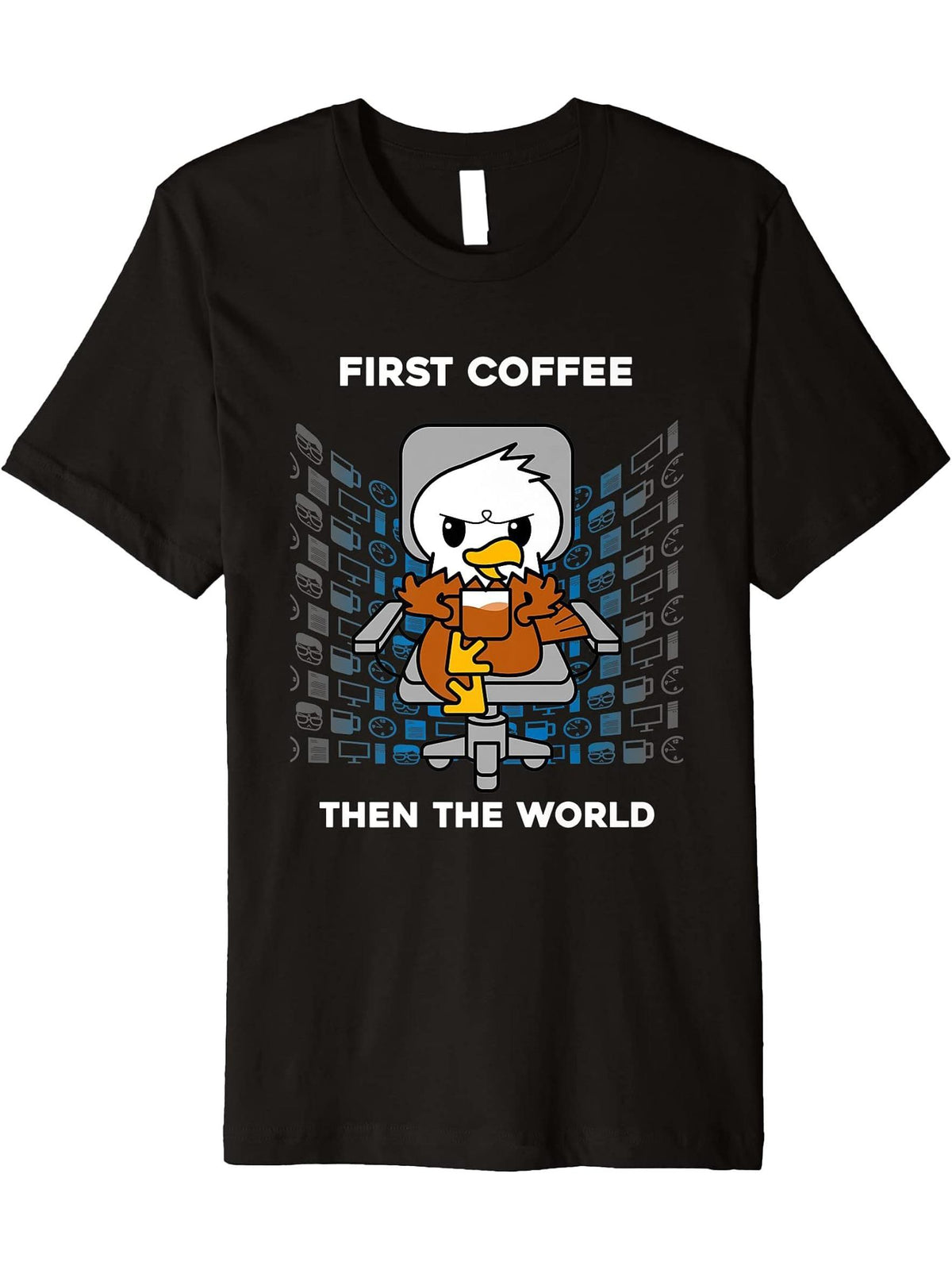 First Coffee Then The World Caffeine American Bald Eagle Premium T-Shirt 180G 100% Cotton Printed Round Neck Short-Sleeve T-Shirt, Gifts for Men Dad Husband Grandpa, S-XXXL, Black