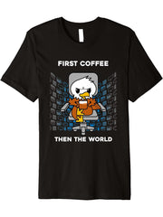 First Coffee Then The World Caffeine American Bald Eagle Premium T-Shirt 180G 100% Cotton Printed Round Neck Short-Sleeve T-Shirt, Gifts for Men Dad Husband Grandpa, S-XXXL, Black