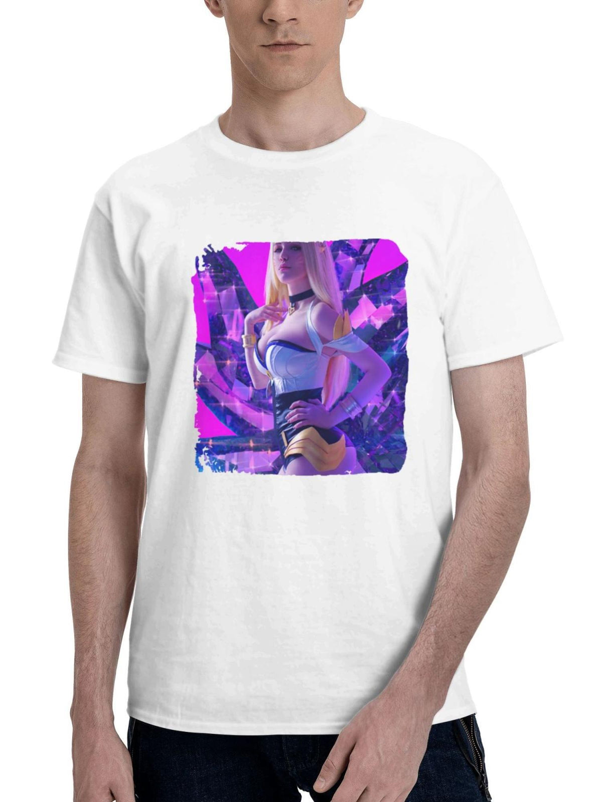 Ahri Kda Girl Cosplay 180G 100% Cotton Printed Round Neck Short-Sleeve T-Shirt, Gifts for Men Dad Husband Grandpa, S-XXXL, White
