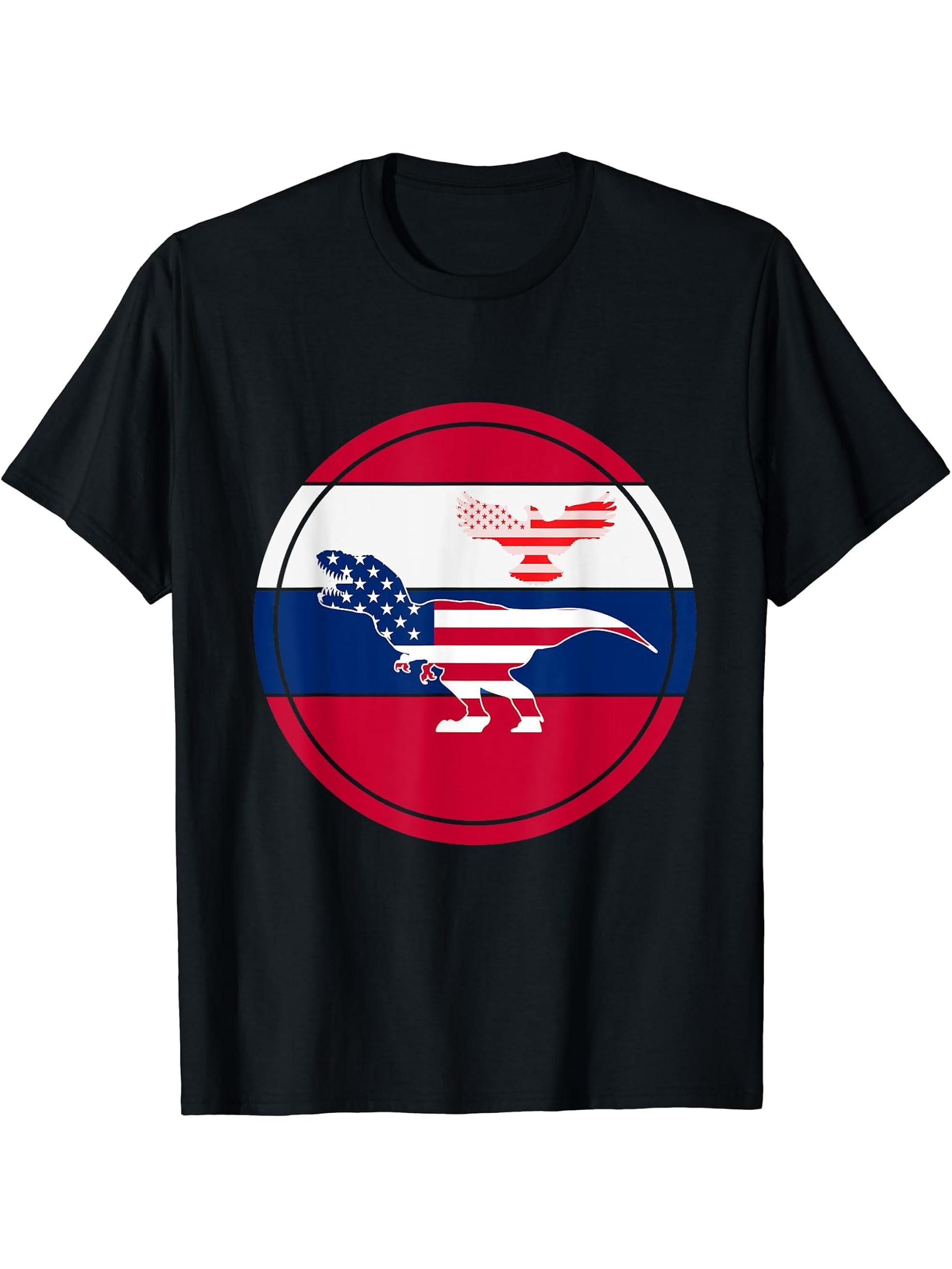 Bald Eagle & Dinosaur T-Rex 4th of July USA American Flag T-Shirt 180G 100% Cotton Printed Round Neck Short-Sleeve T-Shirt, Gifts for Men Dad Husband Grandpa, S-XXXL, Black