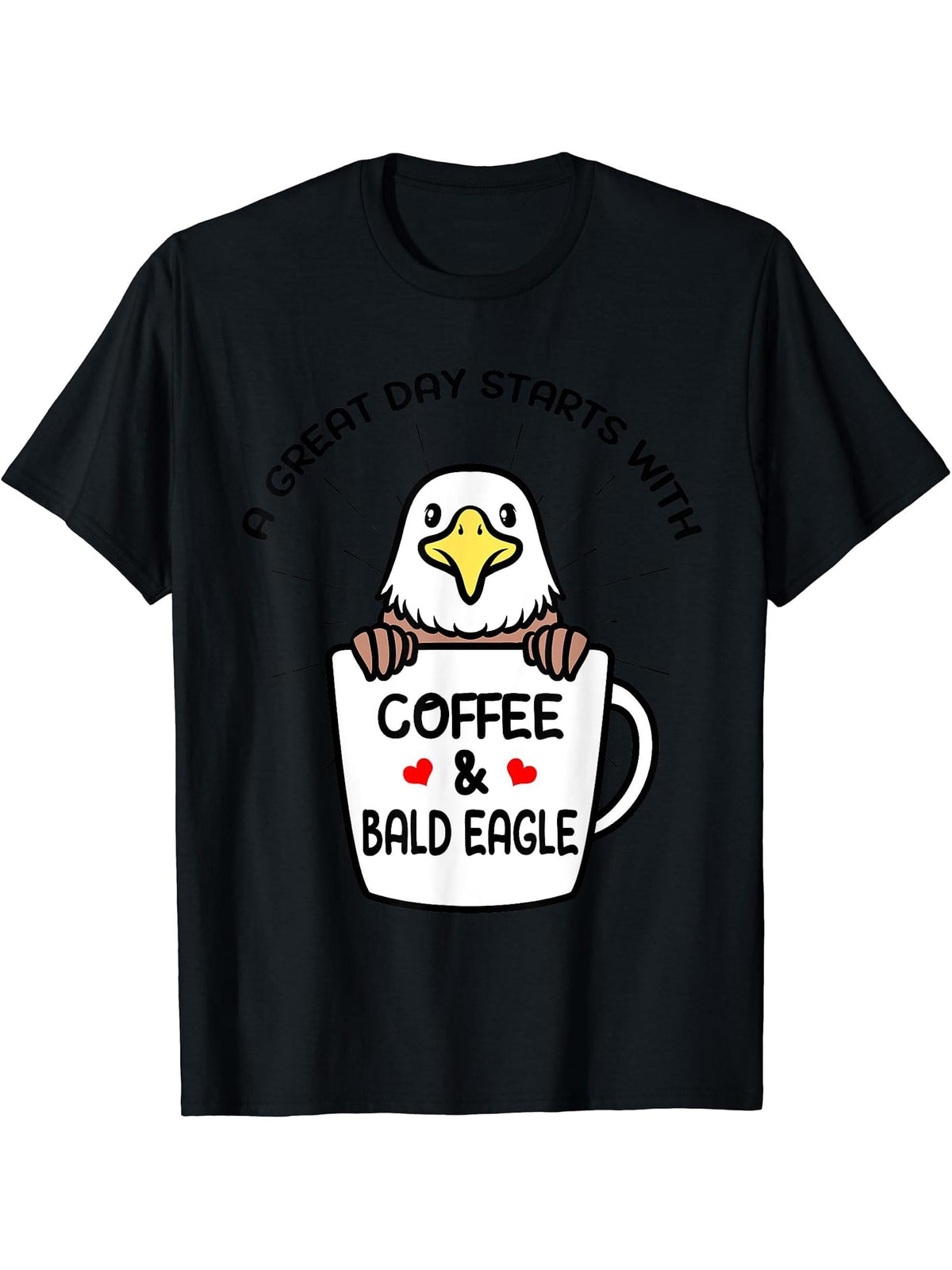 Coffee And Bald Eagle Bird Birding Birder Bird Watching T-Shirt 180G 100% Cotton Printed Round Neck Short-Sleeve T-Shirt, Gifts for Men Dad Husband Grandpa, S-XXXL, Black