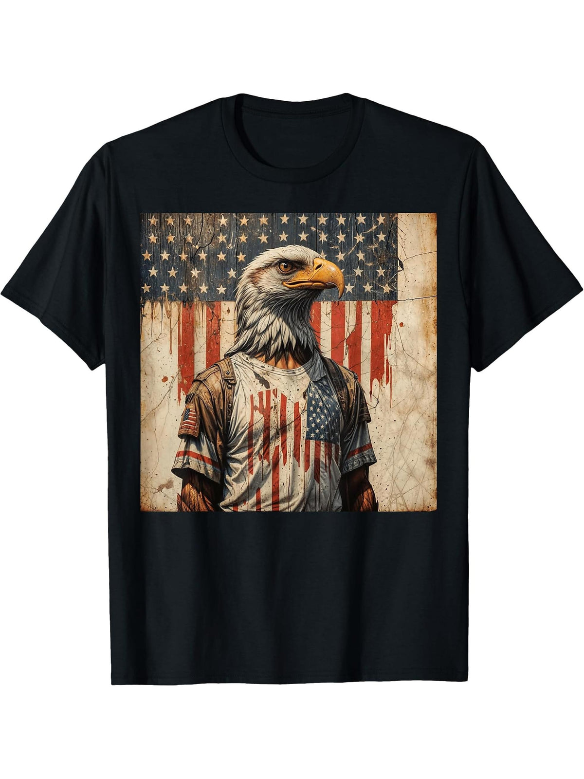Bald Eagle Warrior American Flag 4th Of July Proud Patriotic T-Shirt 180G 100% Cotton Printed Round Neck Short-Sleeve T-Shirt, Gifts for Men Dad Husband Grandpa, S-XXXL, Black