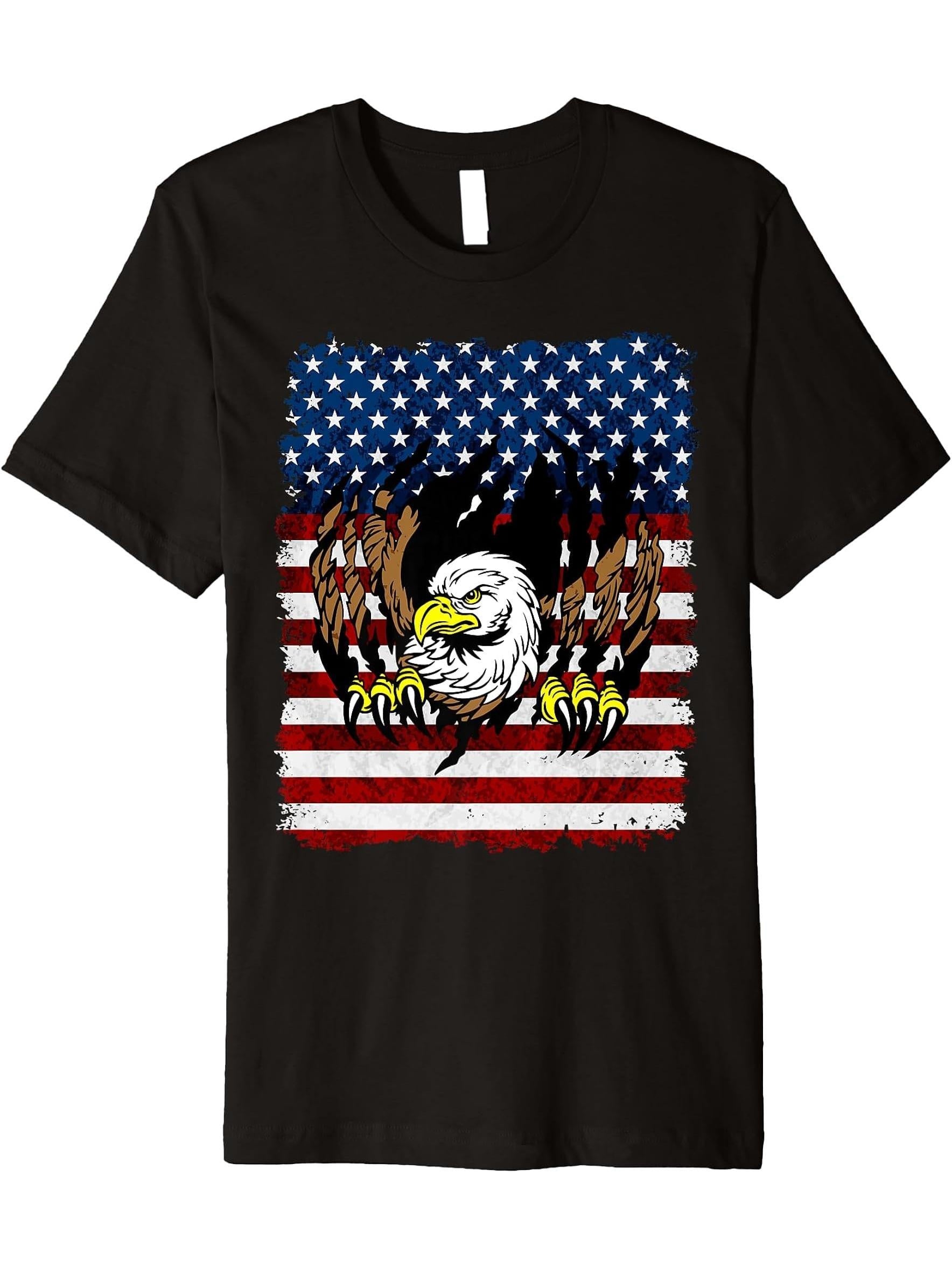 Bald Eagle Tearing American Flag Tshirt 180G 100% Cotton Printed Round Neck Short-Sleeve T-Shirt, Gifts for Men Dad Husband Grandpa, S-XXXL, Black