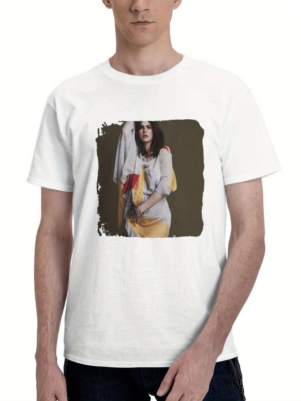 Alexandra Daddario 2025 Pm 180G 100% Cotton Printed Round Neck Short-Sleeve T-Shirt, Gifts for Men Dad Husband Grandpa, S-XXXL, White