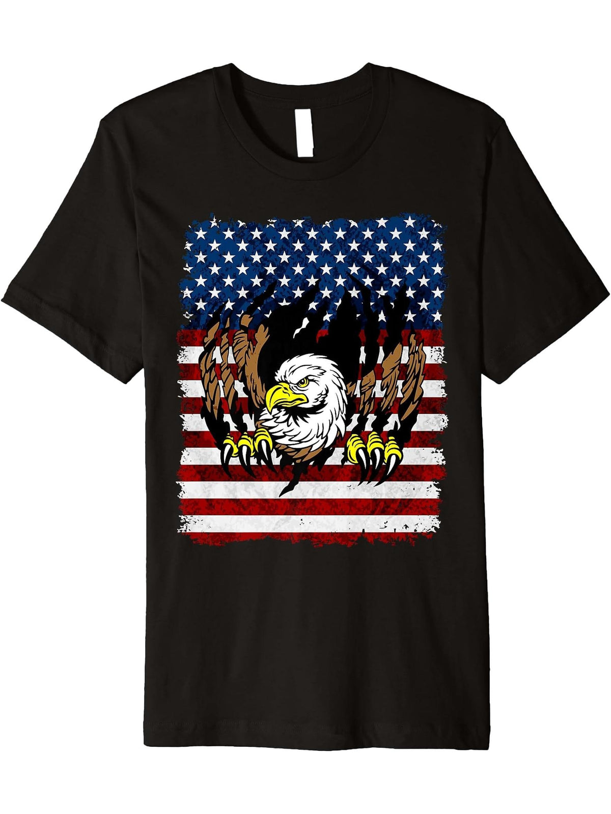Bald Eagle Tearing American Flag Tshirt 180G 100% Cotton Printed Round Neck Short-Sleeve T-Shirt, Gifts for Men Dad Husband Grandpa, S-XXXL, Black