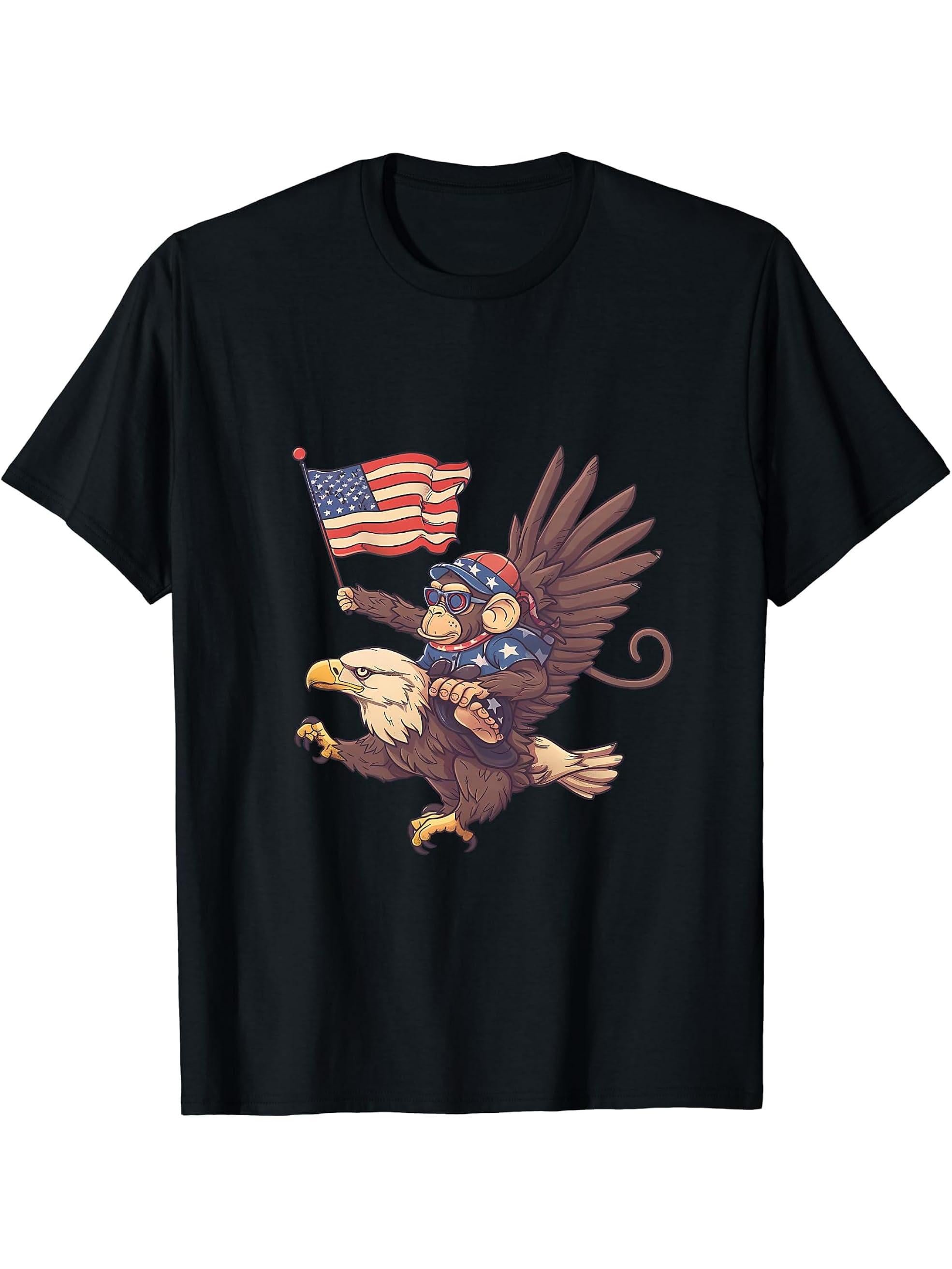 Fourth Of July Bald Eagle Monkey USA Patriotic American Flag T-Shirt 180G 100% Cotton Printed Round Neck Short-Sleeve T-Shirt, Gifts for Men Dad Husband Grandpa, S-XXXL, Black