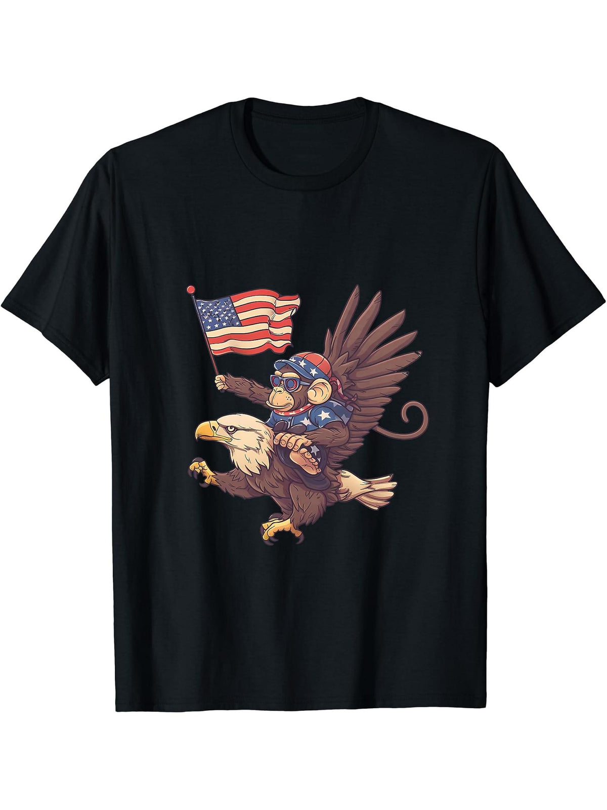 Fourth Of July Bald Eagle Monkey USA Patriotic American Flag T-Shirt 180G 100% Cotton Printed Round Neck Short-Sleeve T-Shirt, Gifts for Men Dad Husband Grandpa, S-XXXL, Black