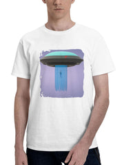 Alien Space Ship Capturing Human Minimal 180G 100% Cotton Printed Round Neck Short-Sleeve T-Shirt, Gifts for Men Dad Husband Grandpa, S-XXXL, White