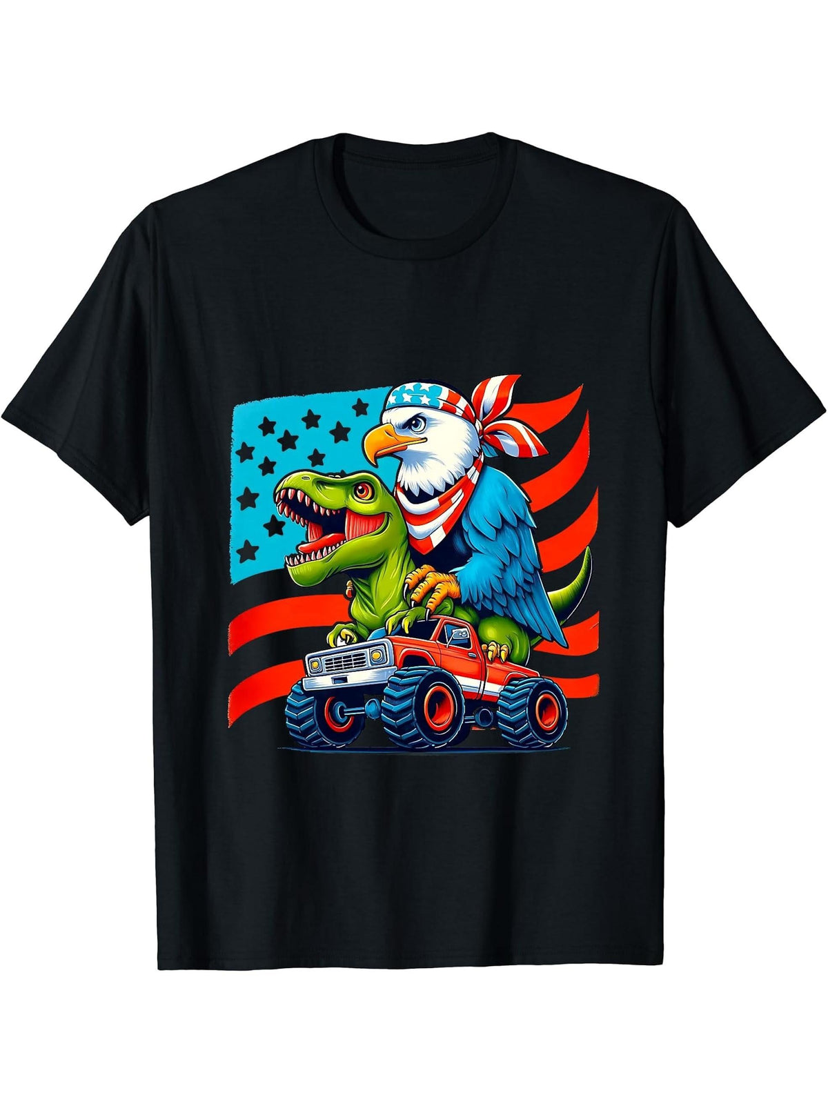 Bald Eagle T-Rex Riding Monster Truck USA American Flag T-Shirt 180G 100% Cotton Printed Round Neck Short-Sleeve T-Shirt, Gifts for Men Dad Husband Grandpa, S-XXXL, Black
