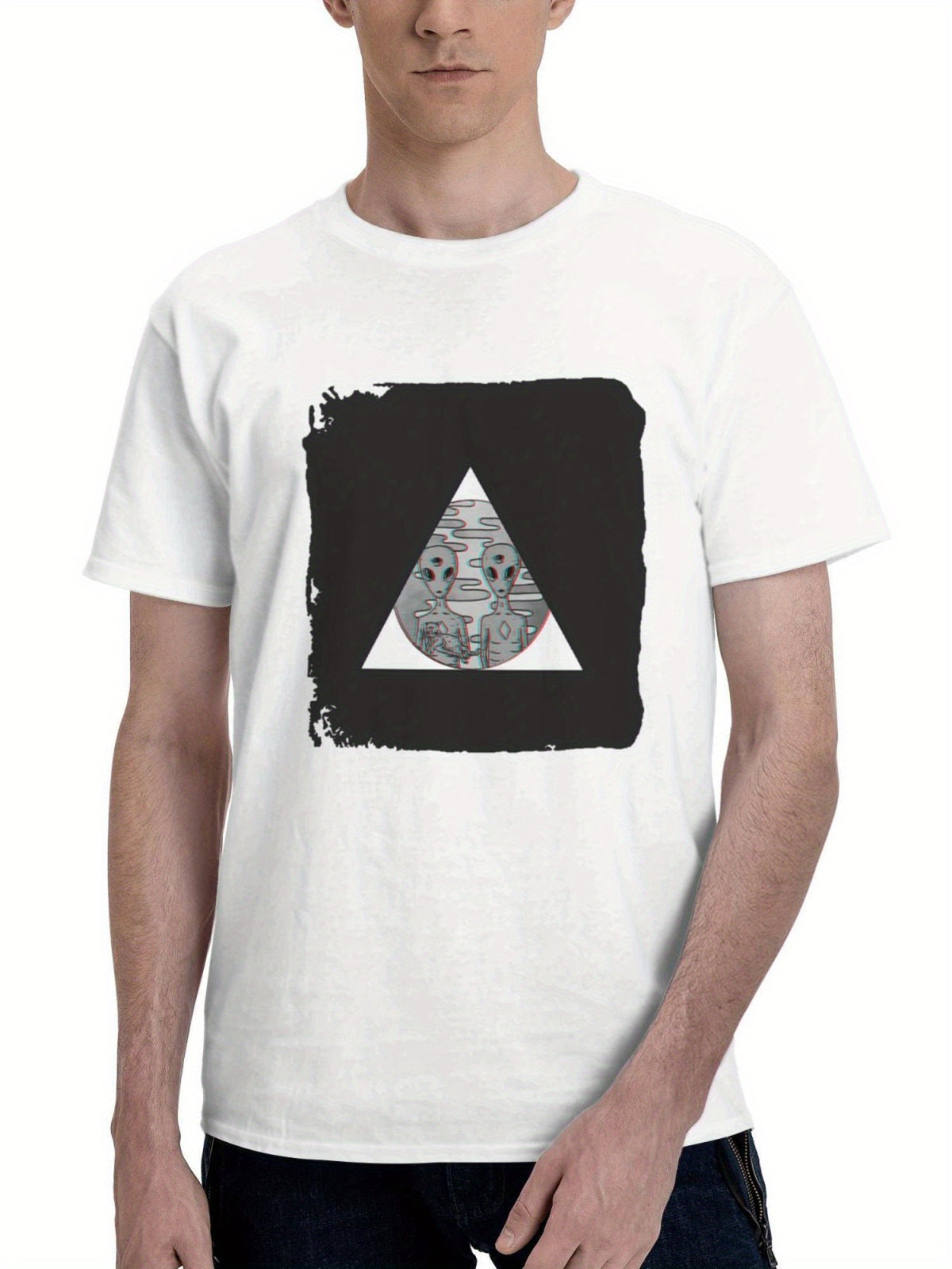 Aliens Triangle Pyramid 180G 100% Cotton Printed Round Neck Short-Sleeve T-Shirt, Gifts for Men Dad Husband Grandpa, S-XXXL, White