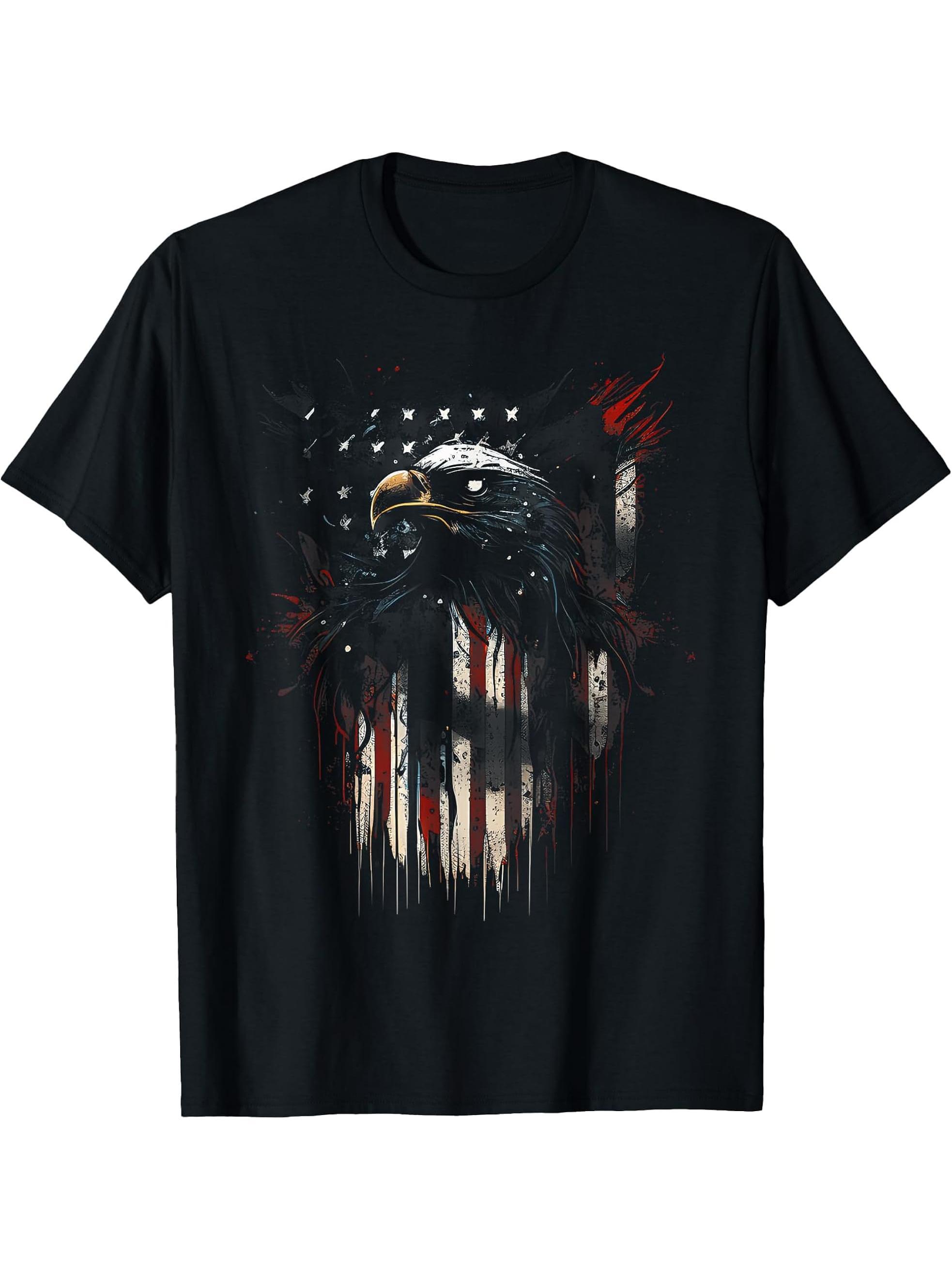 American Flag Bald Eagle USA Pride Distressed Graphic T-Shirt 180G 100% Cotton Printed Round Neck Short-Sleeve T-Shirt, Gifts for Men Dad Husband Grandpa, S-XXXL, Black